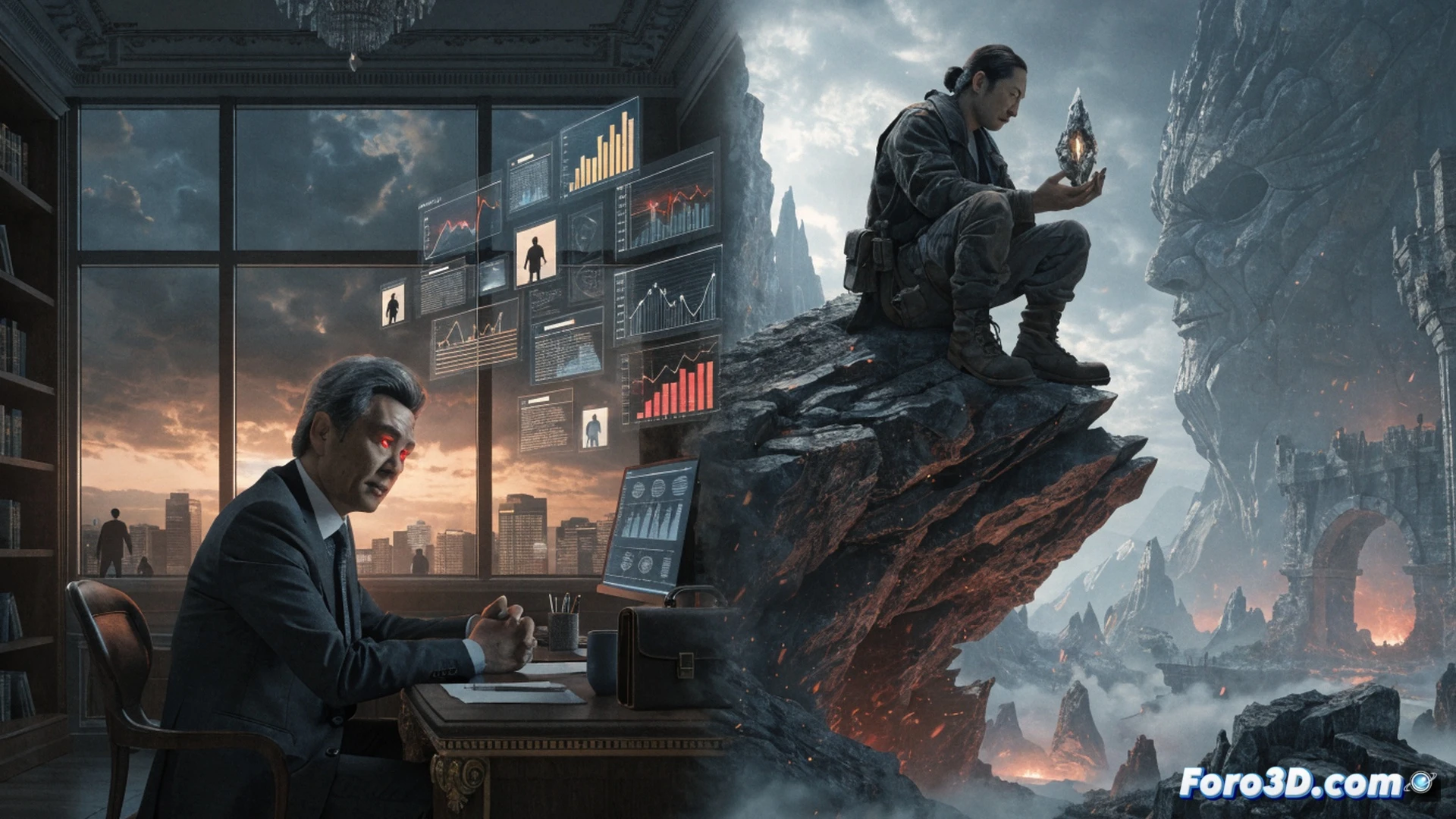 corporate boardroom scene with a financial graph showing Elden Ring sales spike to 30 million copies, a CEO silhouette being pushed away from a desk while game development screens display unfinished code and concept art, Hidetaka Miyazaki figure standing apart with arms crossed, holding a game director chair, tension visible between business suits and creative team, cinematic photorealistic style, dramatic overhead lighting, papers with game design sketches scattered, glowing monitors with Unreal Engine interface, dark wood table reflecting harsh decision documents, ultra-detailed character expressions, technical visualization of corporate pressure