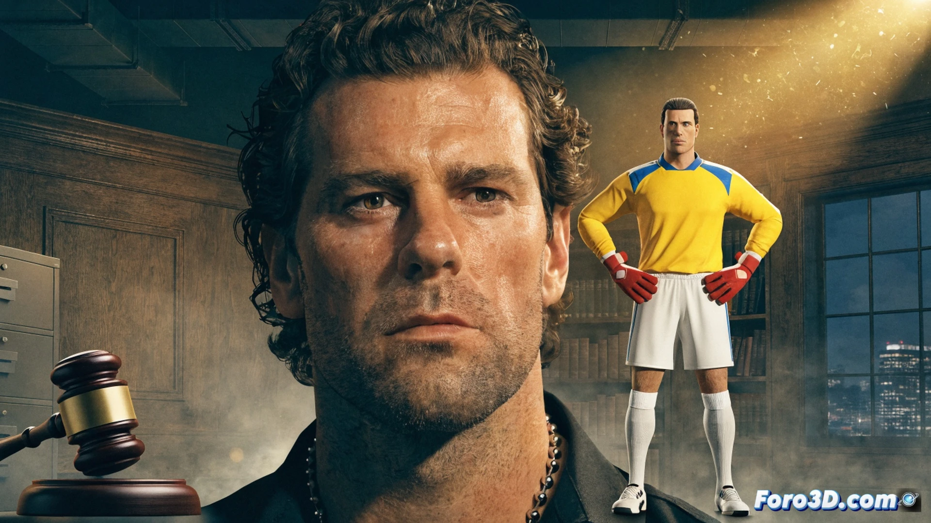 photorealistic courtroom scene, Oliver Kahn in goalkeeper uniform pointing at a giant FIFA 2002 game box on a screen, judge striking a gavel while a lawyer holds a contract with EA logo, glowing legal documents floating around, digital football field dissolving into binary code, dramatic spotlight on Kahn, cinematic lighting, ultra-detailed textures on leather gloves and wooden bench, technical legal visualization, high contrast shadows, photorealistic render