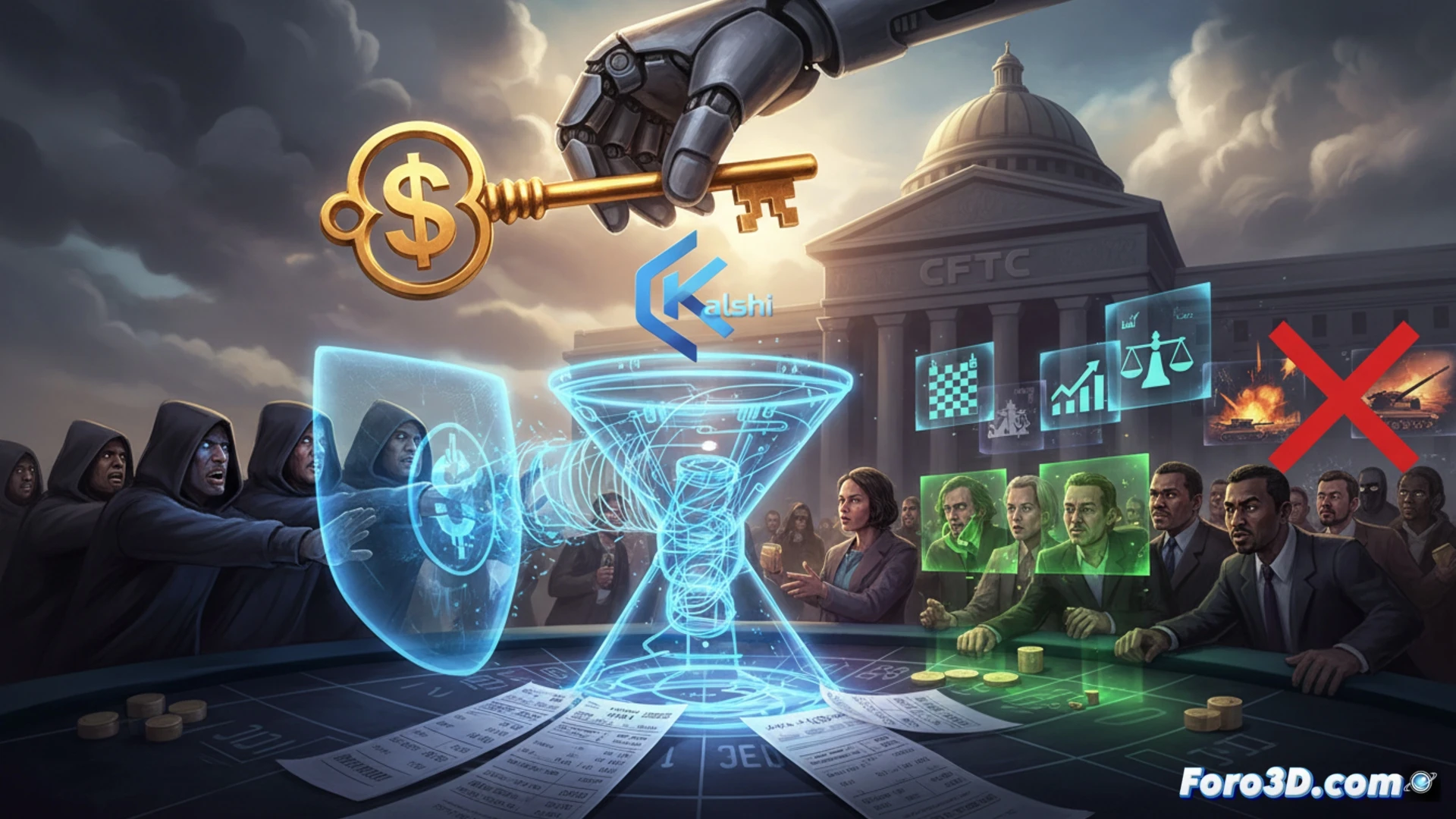 photorealistic technical illustration of a digital identity verification process, employee badge scanner scanning a payroll document on a glass desk, glowing holographic Kalshi trading interface floating above showing high-risk prediction markets, CFTC regulatory seal hovering with translucent barriers blocking war and terrorism categories, binary code streams flowing between verification system and betting platform, cinematic lighting with blue and amber tones, ultra-detailed financial technology hardware, motion blur on data transfer, sleek corporate environment, engineering visualization style