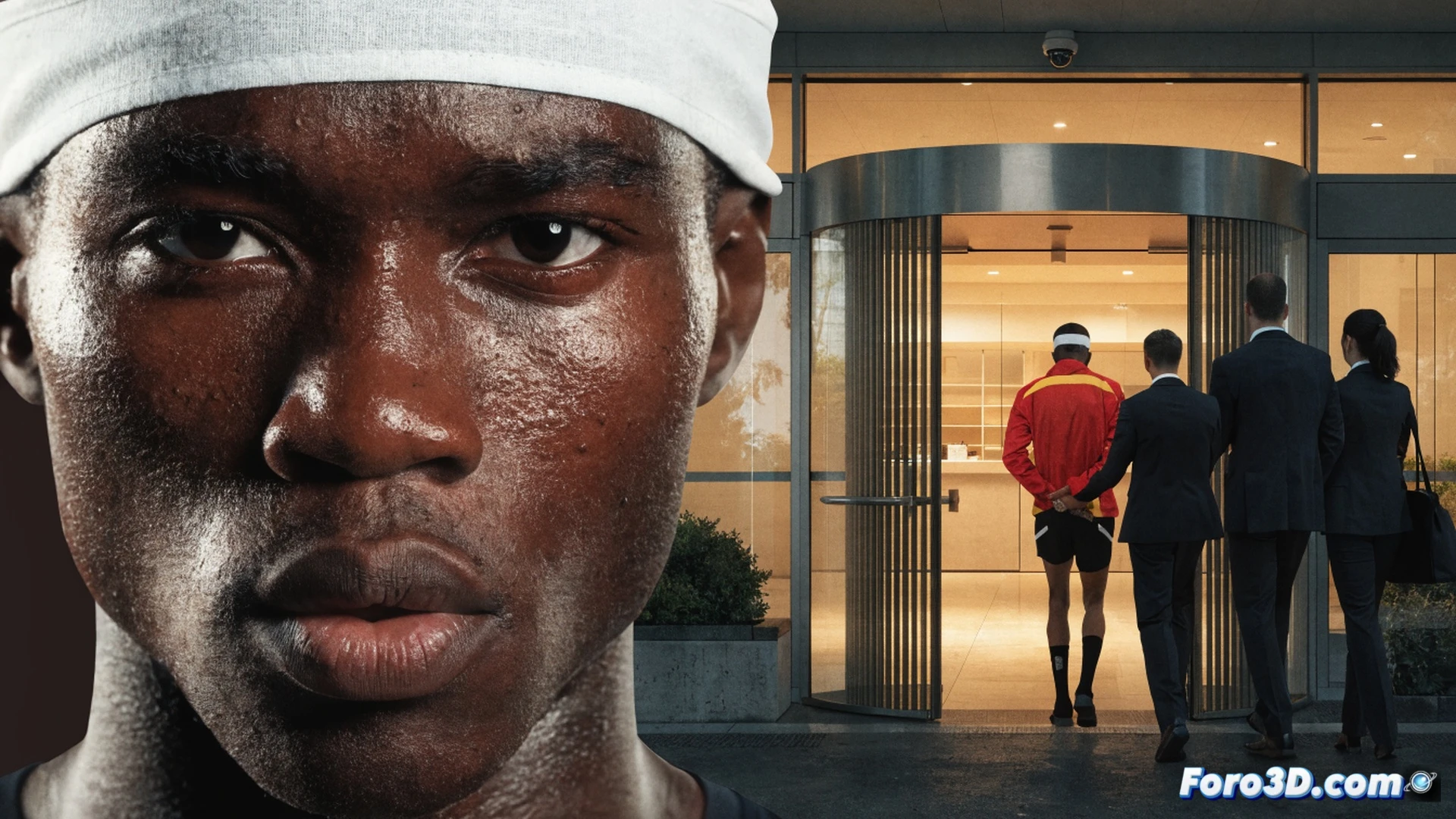 athletic track scene, Kenyan runner Kibiwott Kandie in full stride suddenly stopping at a doping control station, official holding an empty sample vial and a sealed kit, Kandie’s hand pushing away the collection cup, broken seal on the ground, stopwatch frozen at 7:00, dramatic stadium floodlights casting harsh shadows, photorealistic technical illustration, cold blue and orange contrast, sharp focus on evasion action, motion freeze, tension in body language, clean sport background, no text or numbers visible