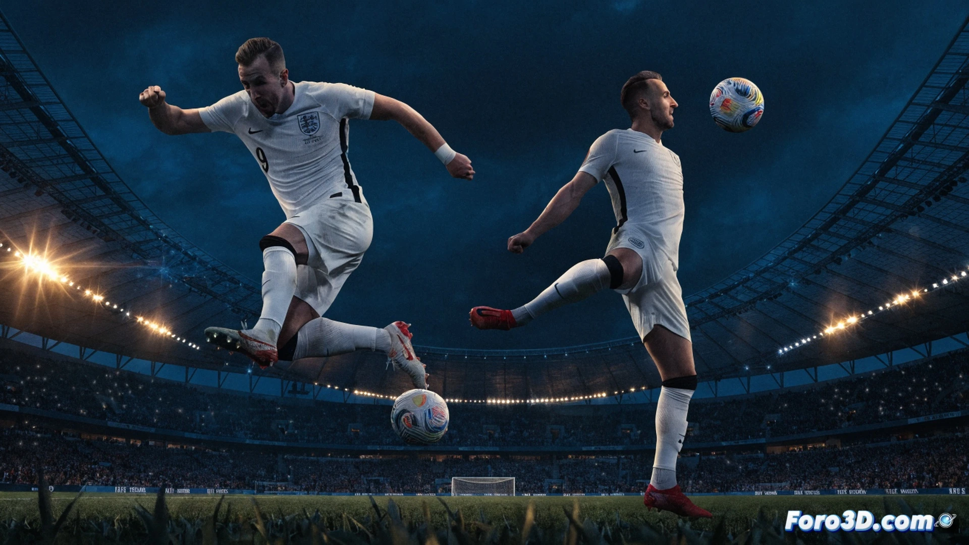 Harry Kane en acción durante el partido, disparando con potencia al arco mientras el balón cruza la línea de gol, defensores croatas cayendo al suelo, multitud inglesa de fondo ondeando banderas, estadio iluminado con reflectores dorados, cámara en ángulo bajo capturando la fuerza del remate, sudor y tensión muscular visibles, césped con marcas de barro, estilo cinematográfico épico, fotorealismo deportivo, movimiento congelado en el impacto, celebración incipiente en las gradas, luz dramática de atardecer, textura detallada del uniforme blanco y el brazalete de capitán