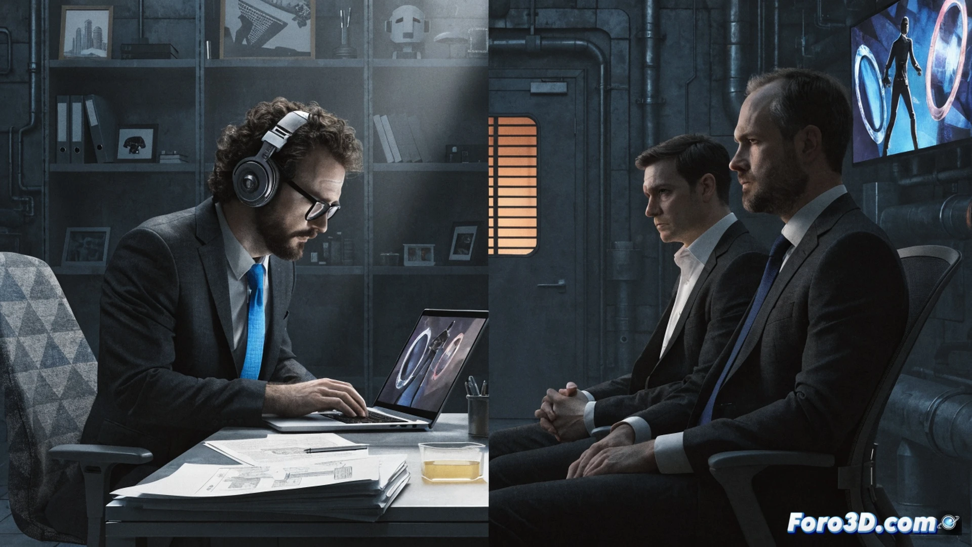 Kane Parsons pointing at a large monitor displaying a Portal 2 level editor, Valve office environment with developer desks, game engine interface showing portal geometry and physics calculations, motion capture markers on his jacket, a whiteboard with schematic diagrams of aperture science test chambers, cinematic engineering visualization, dramatic blue and orange accent lighting, polished concrete floor reflecting monitor glow, ultra-detailed photorealistic technical render, focused action during creative direction meeting