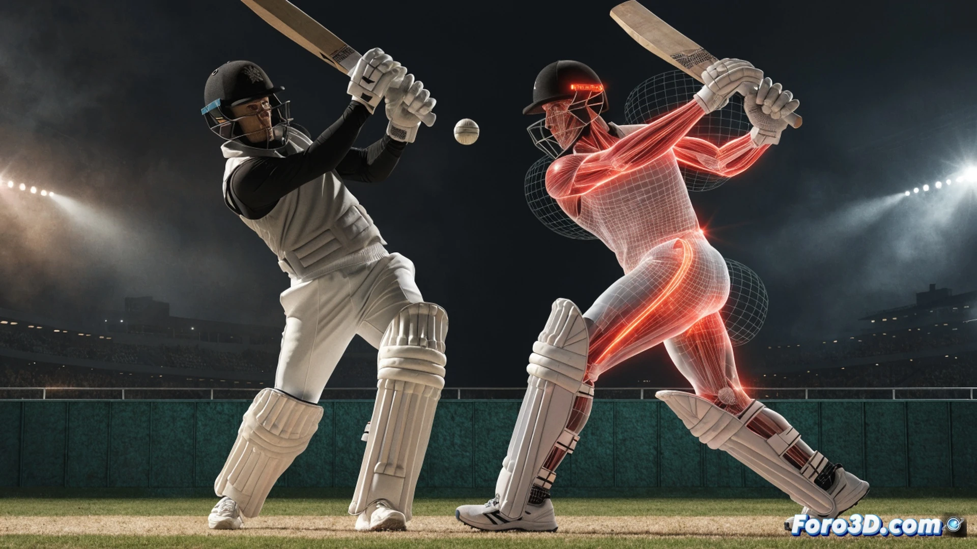cricket batter Kane Williamson mid-swing biomechanical analysis, wrists uncoiling with millisecond precision, weight transfer from back foot to front foot during cover drive, motion capture markers on joints and bat, 3D skeletal overlay with glowing trajectory lines from ball to bat face, high-speed camera rigs surrounding the scene, photorealistic technical illustration, dark studio background with dramatic rim lighting, ultra-detailed muscle tension visible under skin, engineering visualization style, sharp focus on wrist angle and eye line