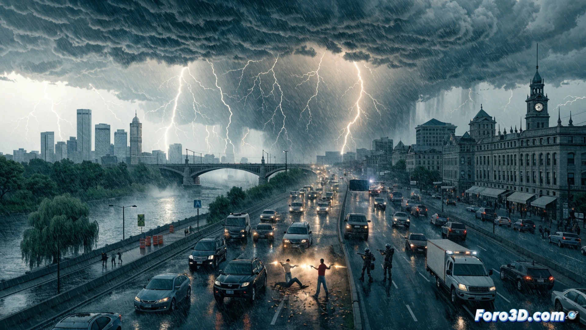 urban highway during severe thunderstorm, multiple cars with brake lights glowing in heavy rain, distant police lights flashing near a stalled vehicle on the shoulder, traffic jam stretching into the horizon, dark storm clouds with lightning streaks, wet asphalt reflecting headlights, cinematic photorealistic engineering visualization, showing chaotic traffic flow and emergency response, ultra-detailed car models with raindrops on surfaces, dynamic lighting from storm flashes, motion blur on passing vehicles, realistic water spray from tires, dramatic wide-angle perspective, no text or numbers visible