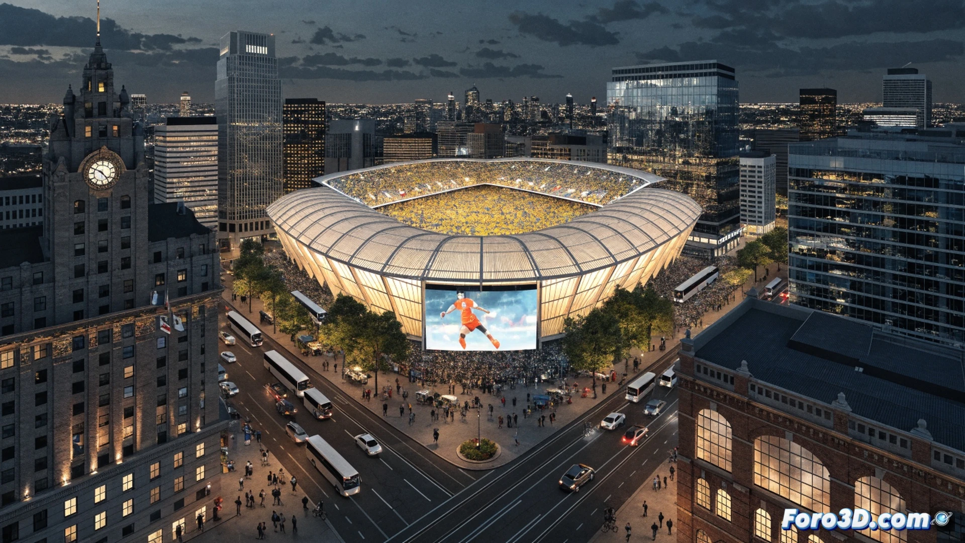 Kansas City Arrowhead Stadium exterior during World Cup match, crowds flowing through illuminated glass entrances, digital ticketing kiosks processing fans, four national flags including Argentina and Netherlands waving above entry gates, construction cranes visible in background showing city development, buses and rideshare vehicles dropping off passengers, glowing city skyline at dusk, cinematic photorealistic sports architecture render, dynamic crowd motion blur, warm stadium lights contrasting cool evening sky, ultra-detailed urban landscape
