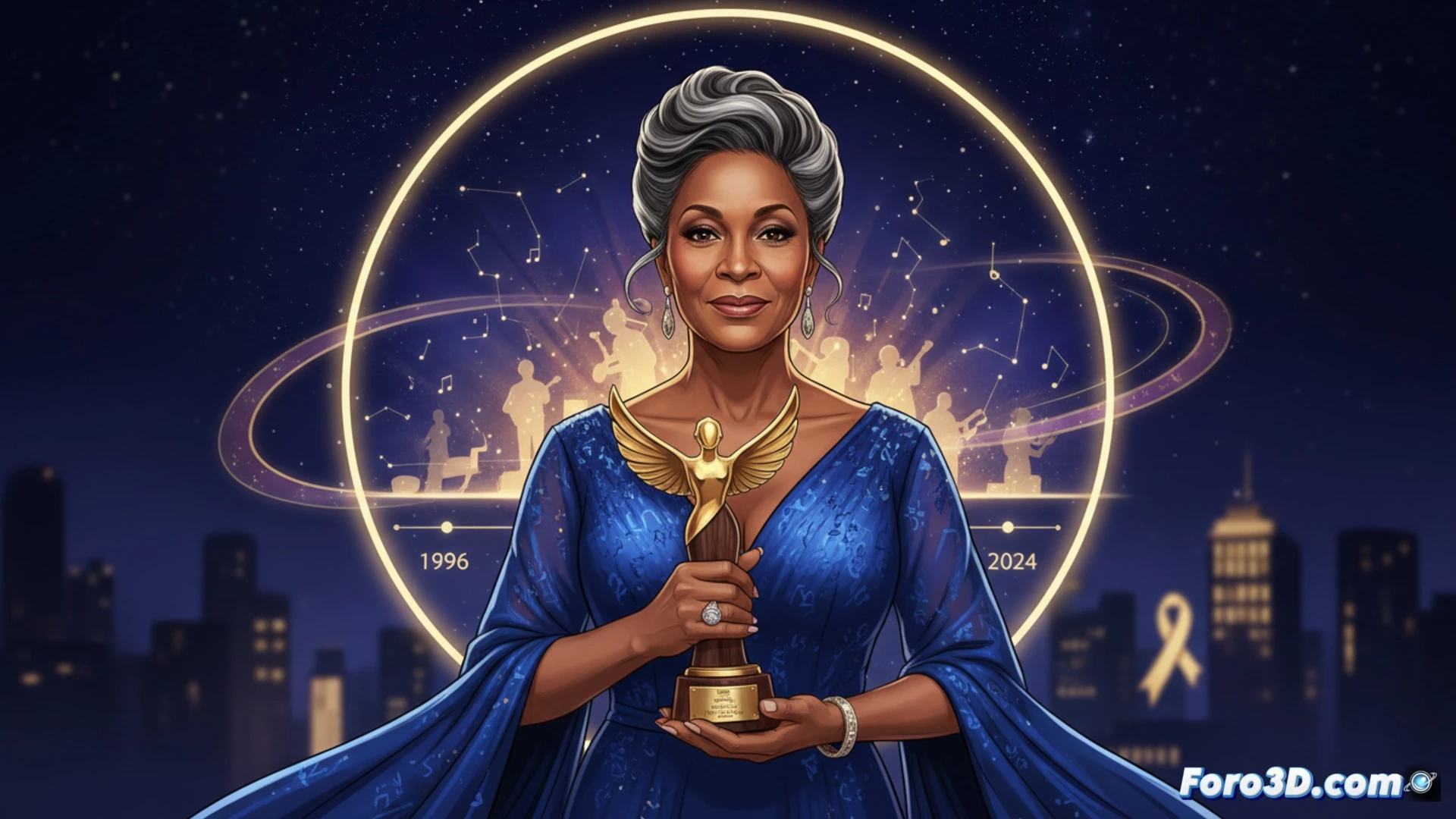 Kanya King de pie en un escenario vacío sosteniendo un micrófono dorado, detrás de ella una gran pantalla LED muestra el logo de MOBO Awards en construcción digital, mientras engranajes y circuitos musicales flotan a su alrededor, partituras con notas negras y blancas se transforman en estrellas brillantes, luces de escenario cálidas iluminan su rostro sereno, estilo cinematográfico homenaje, tono sepia y dorado, textura de vinilo antiguo, photorealistic technical illustration, homenaje visual sin texto