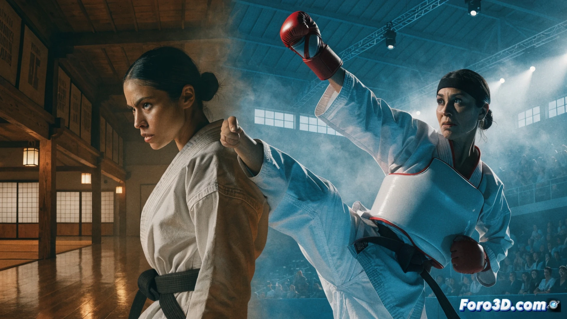 Karateka female athlete executing a precise side kick in a dojo, sweat droplets flying from her face and gi, digital training timer displaying 0:39 on a wall screen, motion capture suit visible under her uniform, cinematic photorealistic style, dramatic spotlight illuminating her from above, wooden floorboards showing scuff marks from repeated training, blurred background with Japanese calligraphy scrolls, high-speed shutter effect freezing the action, realistic muscle tension and fabric wrinkles, warm amber lighting contrasting with cool blue shadows, ultra-detailed skin texture and sweat beads