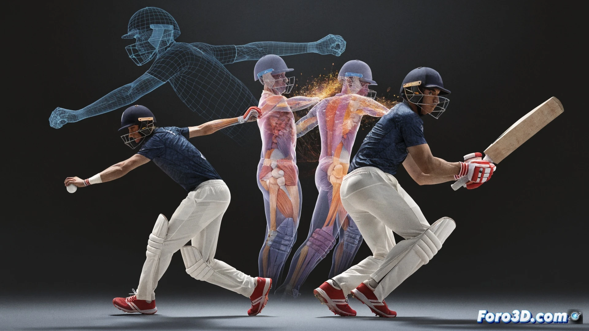 cricket player Karim Janat in mid-bowling action on a 3D motion capture platform, high-speed bat swing trajectory lines tracing his follow-through, wireframe skeleton overlay showing joint angles during delivery stride, medium-paced ball release with glowing spin axis indicator, technical illustration style with biomechanical markers on shoulders and hips, dark studio background, blue and orange kinematic arrows showing weight transfer from back foot to front foot, photorealistic digital human model, muscle tension visualization in legs and core, slow-motion effect with motion blur on ball