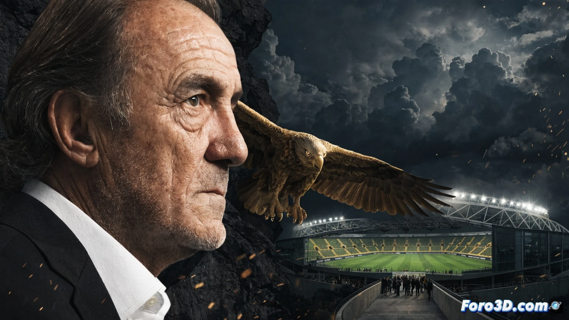 Ismail Kartal in Fenerbahce technical dugout, holding tactical tablet showing formation diagram, stadium crowd roaring in background, bright yellow and navy flags waving, photorealistic cinematic scene, intense floodlight illumination, sweat on forehead, focused gaze, motion blur on waving flags, deep shadows on bench, ultra-detailed fabric texture of team tracksuit, dramatic golden hour light from stadium floodlights, high contrast, emotional tension visible in clenched fist