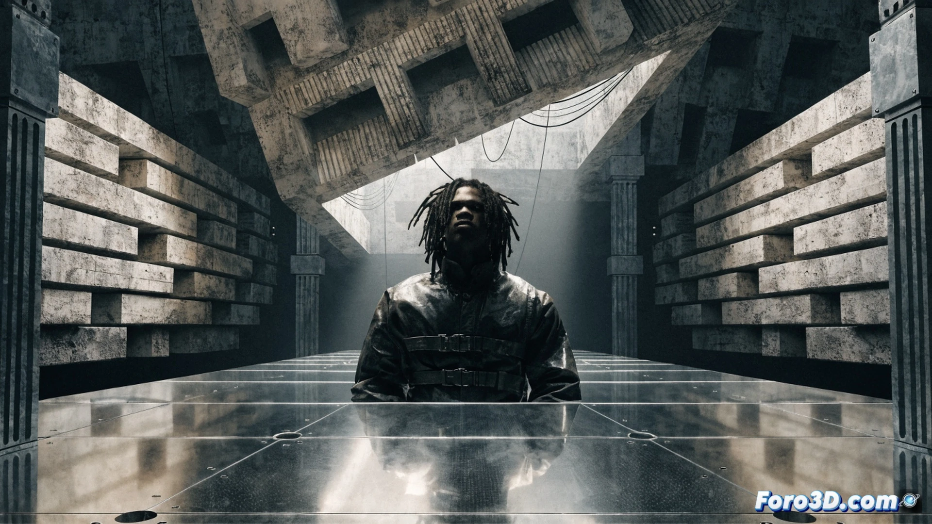 A rapper figure standing on a stage, forcefully tearing a straightjacket made of chains and microphones, while a digital equalizer waveform morphs into a barbed-wire barrier behind him, a crowd of diverse hands raised in protest, a vintage reel-to-reel tape recorder on stage emitting red laser beams that slice through a swastika symbol, cinematic photorealistic illustration, dramatic chiaroscuro lighting, smoke haze, gritty urban textures, intense action during the performance, detailed fabric ripping, microphone feedback sparks, technical audio equipment visible, hyperrealistic skin pores and fabric fibers