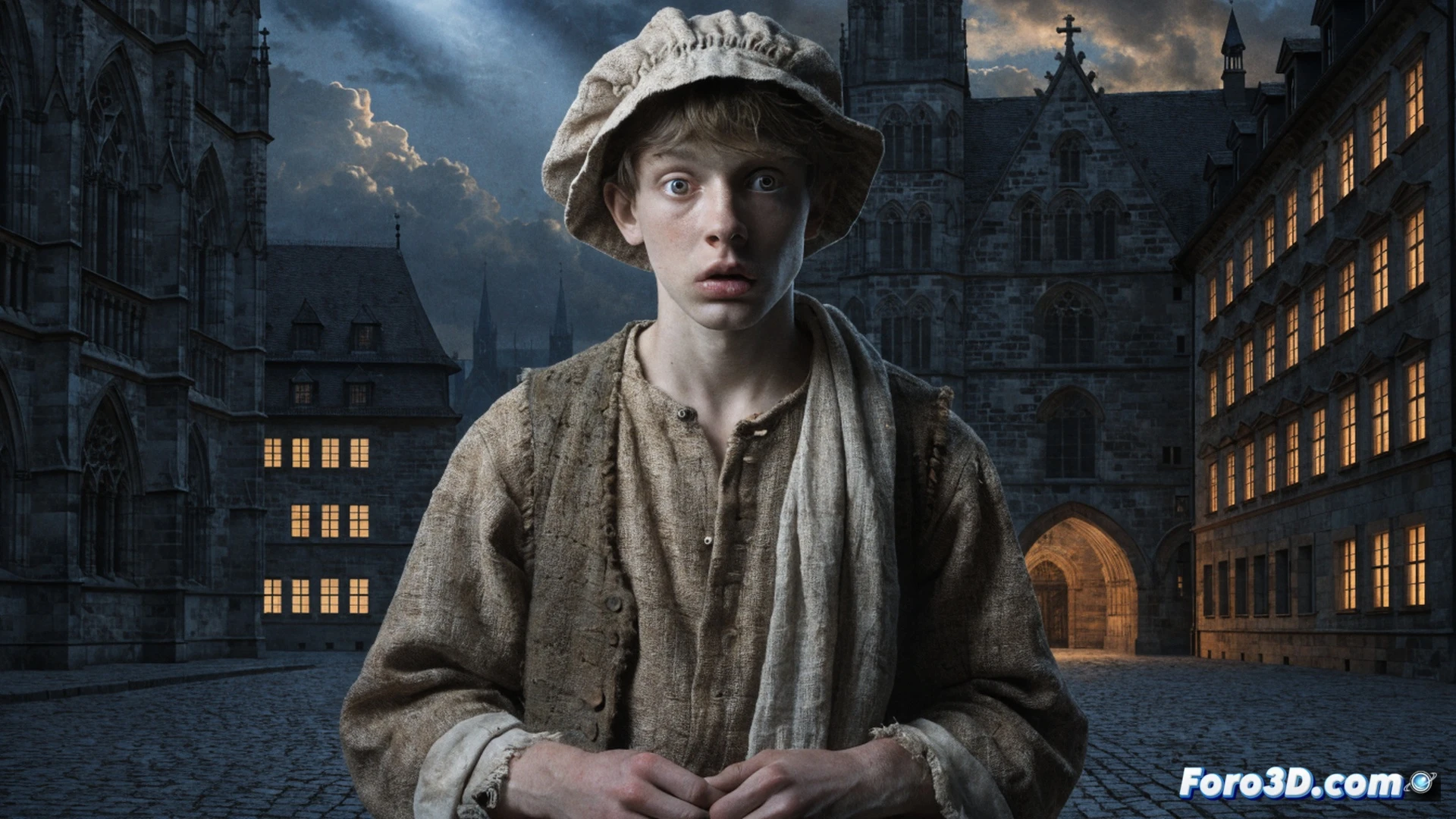 young man in early 19th century clothing standing alone in a cobblestone square, holding a crumpled letter, one hand shielding his eyes from harsh daylight, disoriented expression, dark narrow alley behind him contrasting with bright open square, worn leather shoes, torn coat, faint shadow of a small cell door cast on the ground, cinematic photorealistic historical documentary style, dramatic chiaroscuro lighting, shallow depth of field focusing on his face and the letter, dust particles floating in sunbeams, weathered stone textures, ultra-detailed period costume, nostalgic melancholic atmosphere