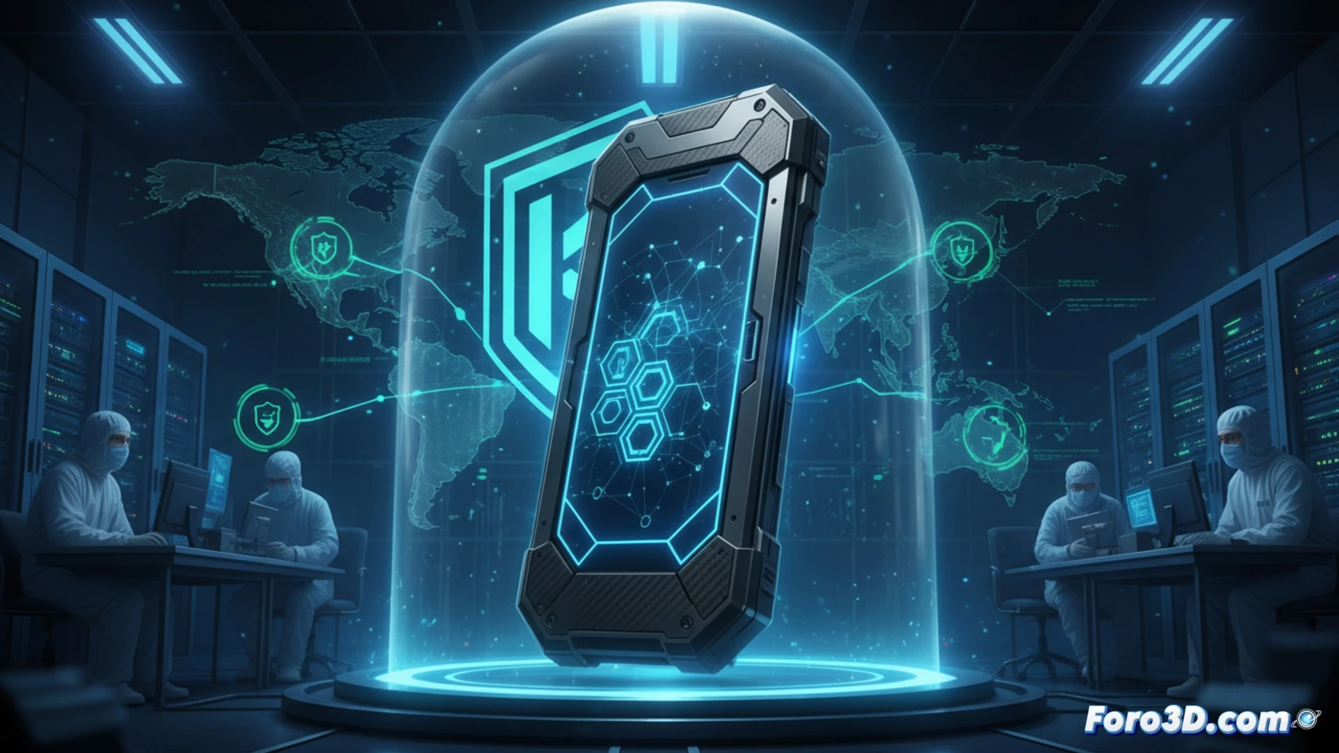 Technical illustration of a smartphone being assembled inside a transparent cybersecurity vault, glowing circuit board with no Android or iOS logos visible, custom operating system kernel being injected via a secure terminal interface, robotic arms holding the device while a holographic shield surrounds it, engineers monitoring the process on multiple screens showing encrypted data flows, dark industrial lab environment with blue and amber lighting, photorealistic engineering visualization, ultra-detailed hardware components, sleek metallic chassis with no branding, dramatic shadows highlighting the unbreakable security concept