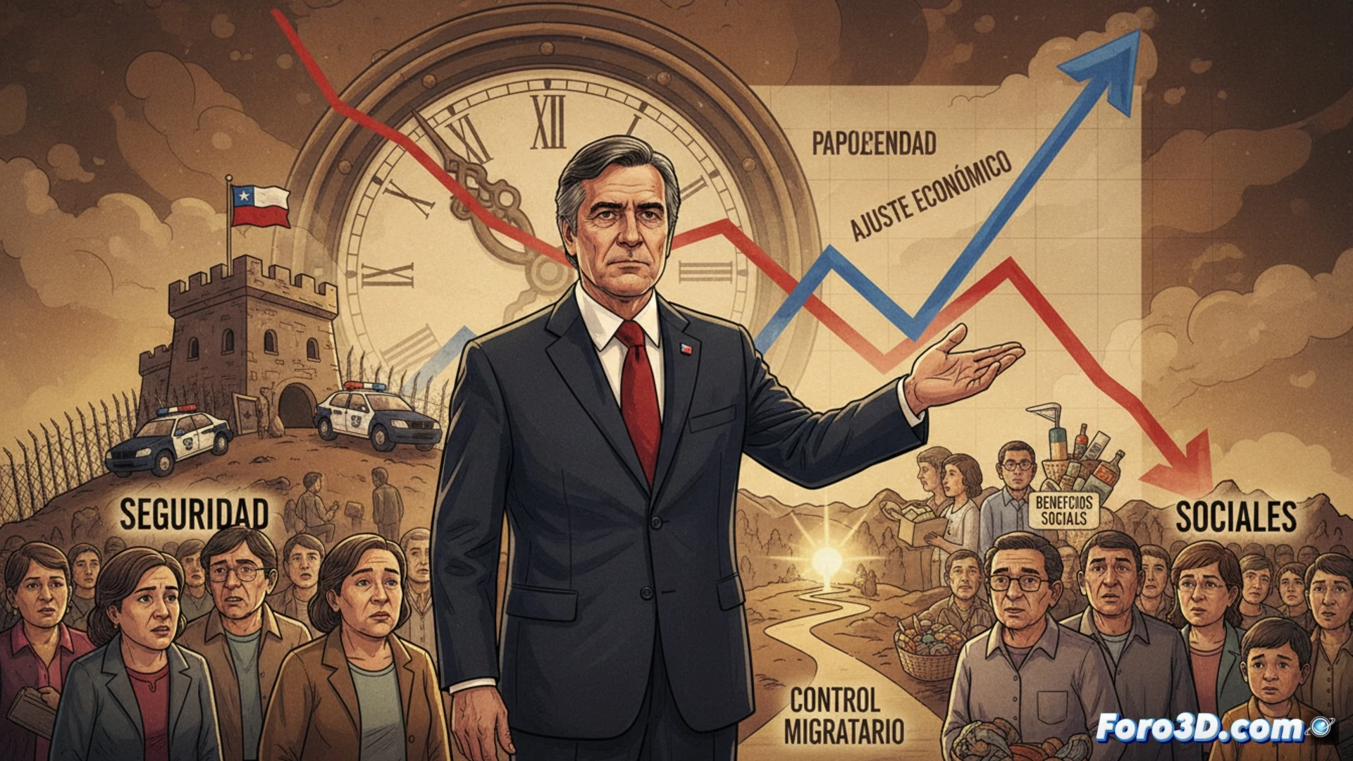 Chilean president José Antonio Kast standing at a presidential podium in La Moneda palace, right hand raised in a calming gesture, left hand pressing down on a large holographic economic dashboard displaying a sharp downward red arrow and a falling popularity graph, while blue icons for social benefits and security funding remain stable, background shows blurred military and police officers at a reinforced border checkpoint, cinematic photorealistic political visualization, dramatic chiaroscuro lighting, polished mahogany desk, subtle lens flare from overhead chandeliers, ultra-detailed facial expression showing composed determination, technical government press conference aesthetic