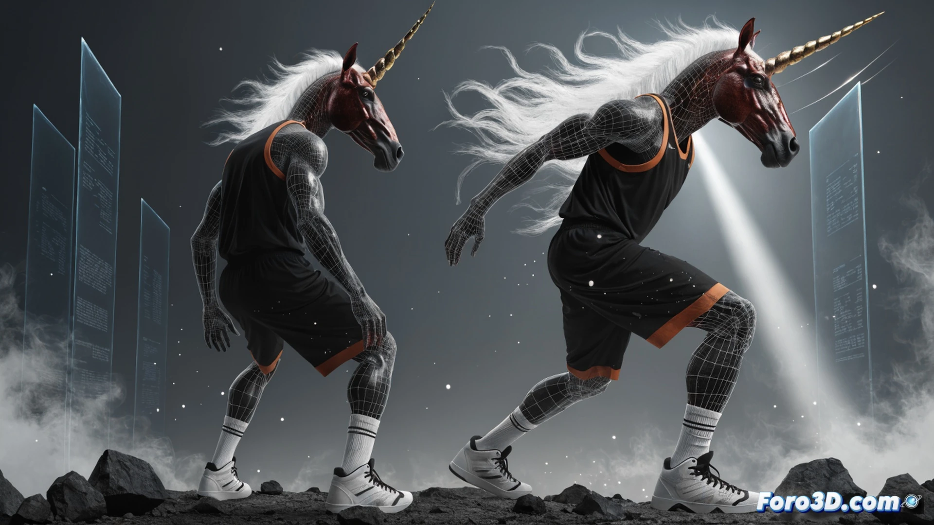 basketball player performing a three-point shot release, biomechanical wireframe overlay highlighting joint angles and muscle activation in the shooting arm, trajectory arc traced with glowing orange lines from fingertips to hoop, defensive player in lateral slide stance shown as semi-transparent ghost figure, court geometry with pick-and-pop positioning markers, cinematic sports science visualization, dark arena background with dramatic spotlight on the shooter, high-speed motion blur on the ball rotation, photorealistic human anatomy with translucent skeletal overlay, technical engineering aesthetic