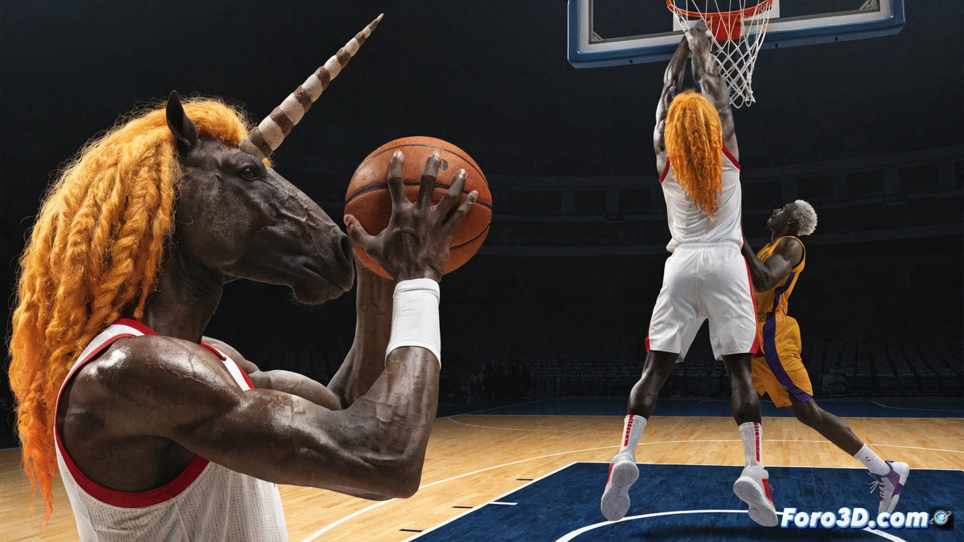 basketball player mid-air releasing a three-point shot, one hand extended high, defensive stance with legs spread wide near the rim, glowing trajectory lines tracing the ball arc from beyond the arc to the hoop, translucent wireframe skeleton overlay showing joint angles and torque during the jump, court floor with motion blur and glowing footprints indicating defensive slide, low-poly 3D grid floor beneath, cinematic technical visualization, photorealistic muscle definition under uniform, dramatic arena spotlights, ultra-detailed sneaker tread gripping the hardwood, engineering analysis style with data points floating around the player