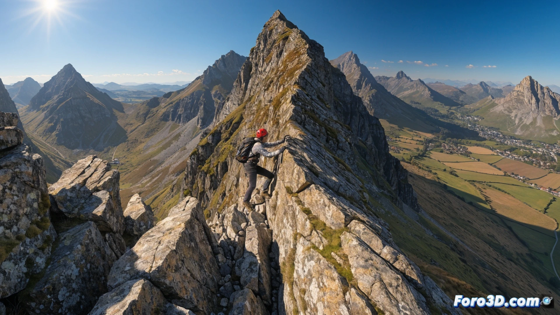mujer escaladora británica ascendiendo una cumbre rocosa con mochila técnica y bastones de trekking, nubes bajas rodeando picos montañosos, vista panorámica de Gran Bretaña al fondo, luz de amanecer dorada iluminando su rostro determinado mientras asegura una cuerda de seguridad en un anclaje metálico, mostrando acción de esfuerzo físico y solidaridad, mochila con parche de lazo rosa contra el cáncer, estilo cinematográfico y fotorrealista, detalles de textura en roca y equipo técnico de montaña, profundidad de campo dramática, cielo despejado con nubes estratosféricas