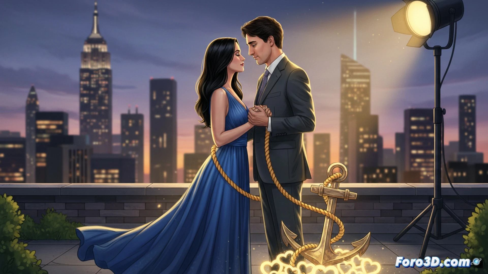 glowing red anchor chain wrapping around Katy Perry and Justin Trudeau on a stage, microphone in her hand, his hand on her shoulder, both standing in front of a large cinema screen showing concert footage, cinematic photorealistic style, dramatic spotlight from above, emotional close-up, soft lens flare, velvet rope barrier in foreground, dark auditorium background, intimate gesture, ultra-detailed facial expressions, warm amber lighting contrasting with cool blue screen glow, 8k render