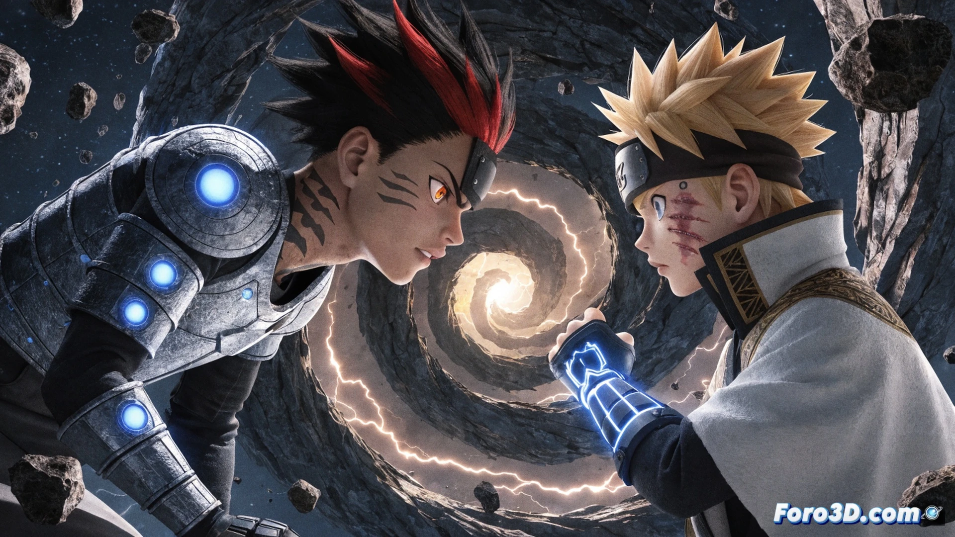 Kawaki y Boruto enfrentándose en un campo de batalla devastado, Kawaki activando su técnica de absorción de chakra con un brazo mecánico brillante, partículas de energía fluyendo hacia su palma mientras Boruto carga un Rasengan azul eléctrico en su mano derecha, ambos con posturas de combate dinámicas, escombros flotando alrededor, estilo cinematográfico de anime con iluminación dramática, sombras contrastantes, texturas metálicas detalladas en el brazo de Kawaki, chorros de vapor escapando de sus hombros, fondo con un cielo tormentoso y nubes oscuras, alta definición, render técnico realista
