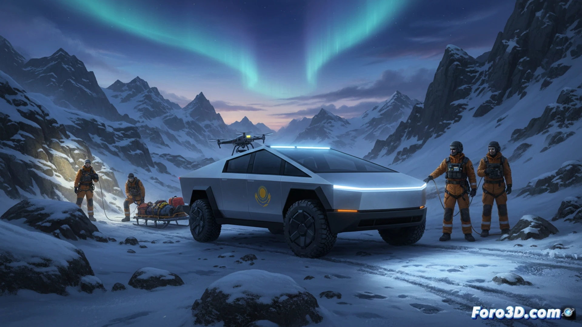 Tesla Cybertruck en pendiente rocosa de montaña kazaja, rescatistas con equipo técnico desplegando un dron de búsqueda desde la plataforma trasera, vehículo alimentando una estación de carga portátil con herramientas de extracción hidráulica, neumáticos todoterreno agarrando terreno suelto, luces LED de emergencia iluminando polvo y rocas, maniobrabilidad mostrada en ángulo oblicuo, funcionamiento silencioso mientras el equipo opera sin ruido de motor, cinematic engineering visualization, photorealistic technical render, dramatic golden hour lighting, ultra-detailed suspension and underbody, rescue equipment visible en cajón modular trasero