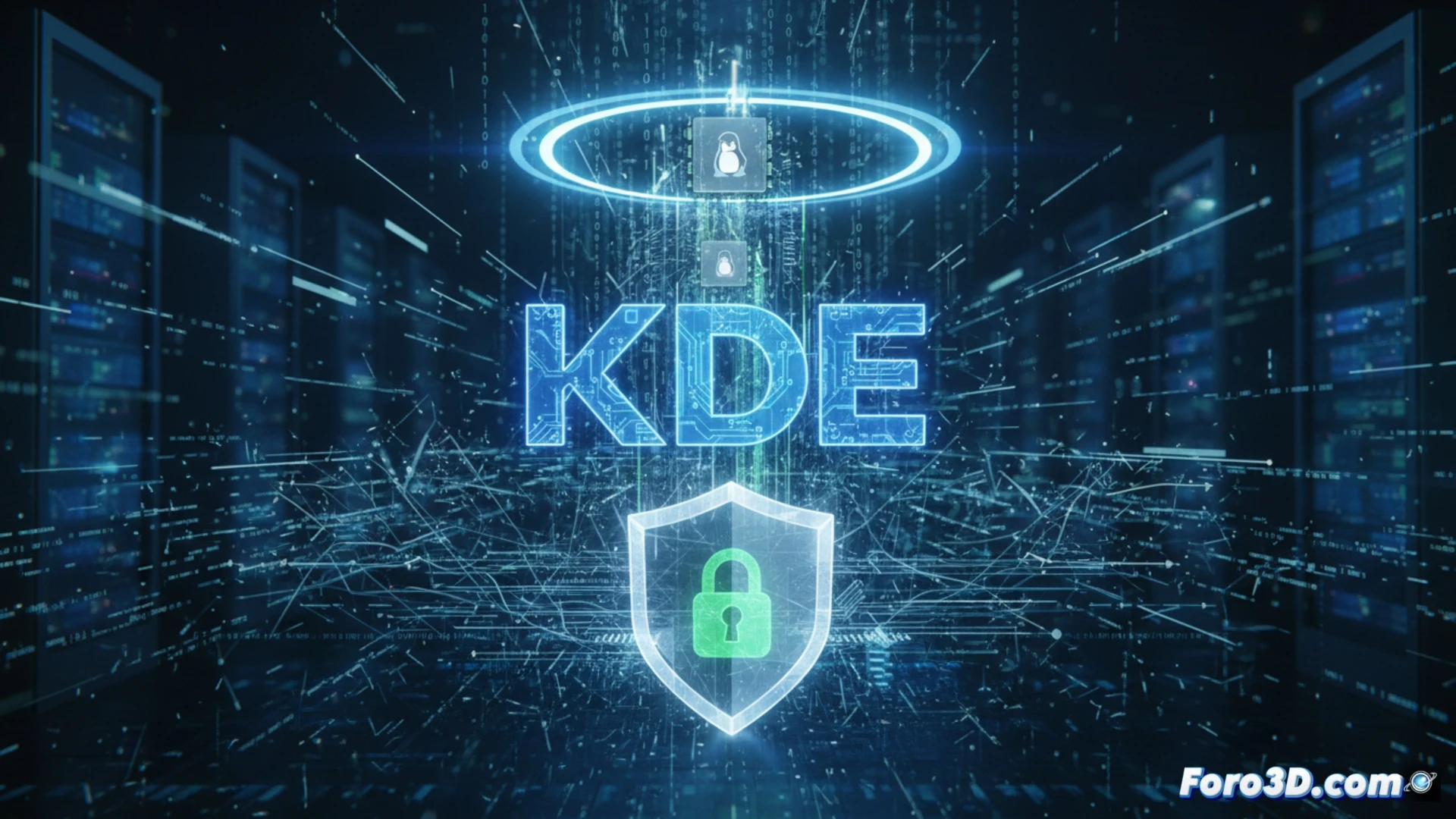 Imagen digital de un escudo protector azul y blanco con un engranaje, sobre un fondo de líneas de código limpio y un candado verde.