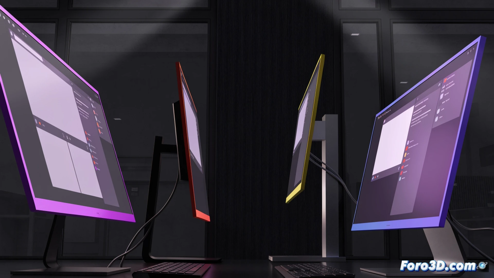 KDE Plasma 6.8 configuration panel showing three identical monitors on a desk, each glowing with a distinct colored border (blue, green, orange), while a user’s hand hovers over a mouse, selecting a monitor in the display settings interface, demonstrating the visual color-coding process, technical illustration style, clean lines, soft shadows, realistic desktop hardware, subtle backlight glow, photorealistic engineering visualization