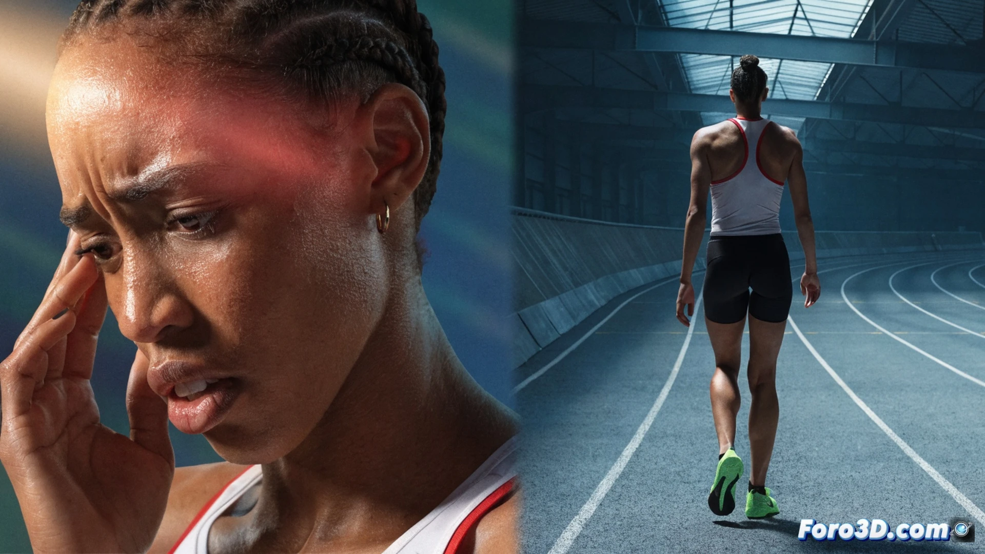 athlete standing on track surface, pulling back from starting blocks with hand touching right hamstring, grimacing expression, overhead stadium floodlights casting sharp shadows, empty lane markers in background, bright orange cones and timing system visible, muscular tension visible through tight running suit, photorealistic sports journalism style, shallow depth of field focusing on leg muscles and facial concern, motion freeze capturing moment of withdrawal, dramatic sidelight highlighting sweat on skin, technical details of track texture and block mechanism