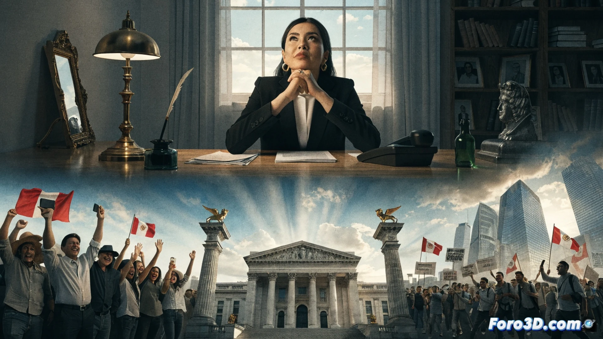 Peruvian electoral ballot boxes being counted under bright fluorescent lights, a hand holding a magnifying glass over a disputed vote tally sheet, a judge’s gavel resting beside a pile of contested ballots, a protest crowd visible through a window holding blank signs, tense election workers in white shirts sorting papers, cinematic political documentary style, realistic indoor lighting, deep shadows, sharp focus on voting documents, photorealistic technical illustration, high contrast, dramatic tension in the scene