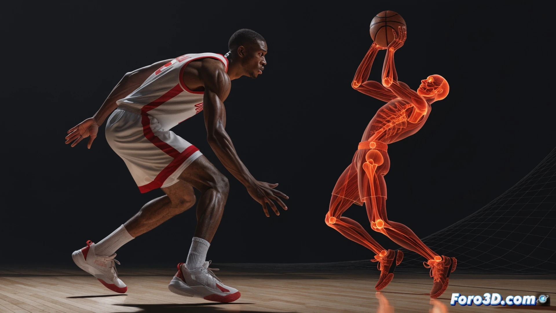 NBA player Keldon Johnson in mid-drive, muscular frame absorbing defensive contact while maintaining balance, low center of gravity visible through angled torso and bent knees, biomechanical force arrows tracing through hips and shoulders during explosive step, technical engineering visualization, photorealistic human anatomy with translucent muscle layers, basketball court under arena lights, motion blur on jersey, sweat droplets catching light, ultra-detailed skin texture, cinematic sports science illustration