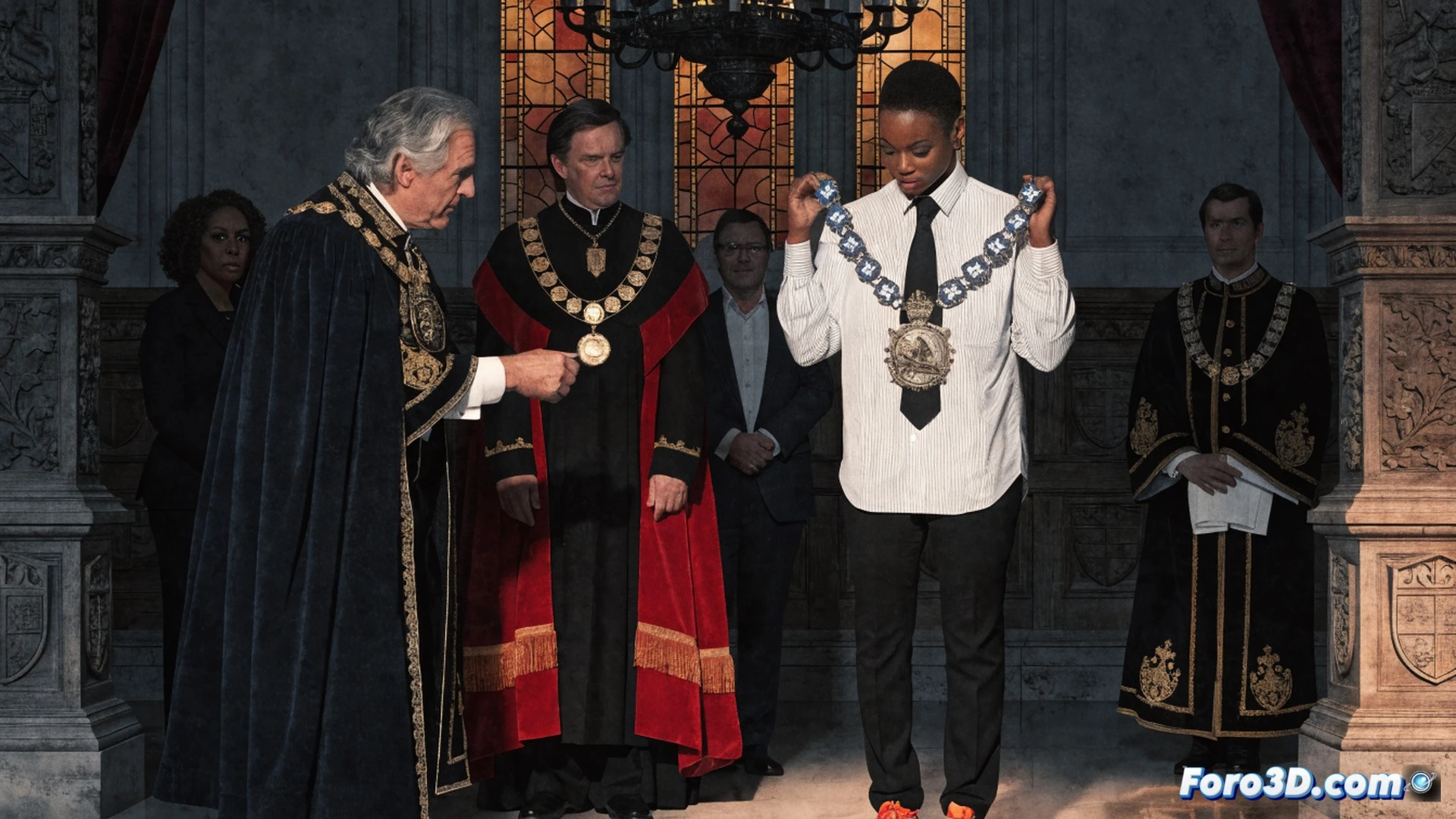 Dame Kelly Holmes standing at a Guildhall podium, receiving an ornate ceremonial casket symbolizing the Freedom of the City of London, her Olympic gold medal visible around her neck, diverse crowd applauding in the background, rainbow pride flag subtly draped over a nearby lectern, cinematic photorealistic style, warm golden lighting illuminating her face, polished mahogany wood textures, brass fixtures gleaming, ceremonial robes with intricate embroidery, wide-angle shot capturing the grandeur of the hall, ultra-detailed fabric folds, dramatic shadows emphasizing the moment of recognition, emotional atmosphere of inclusion and authenticity