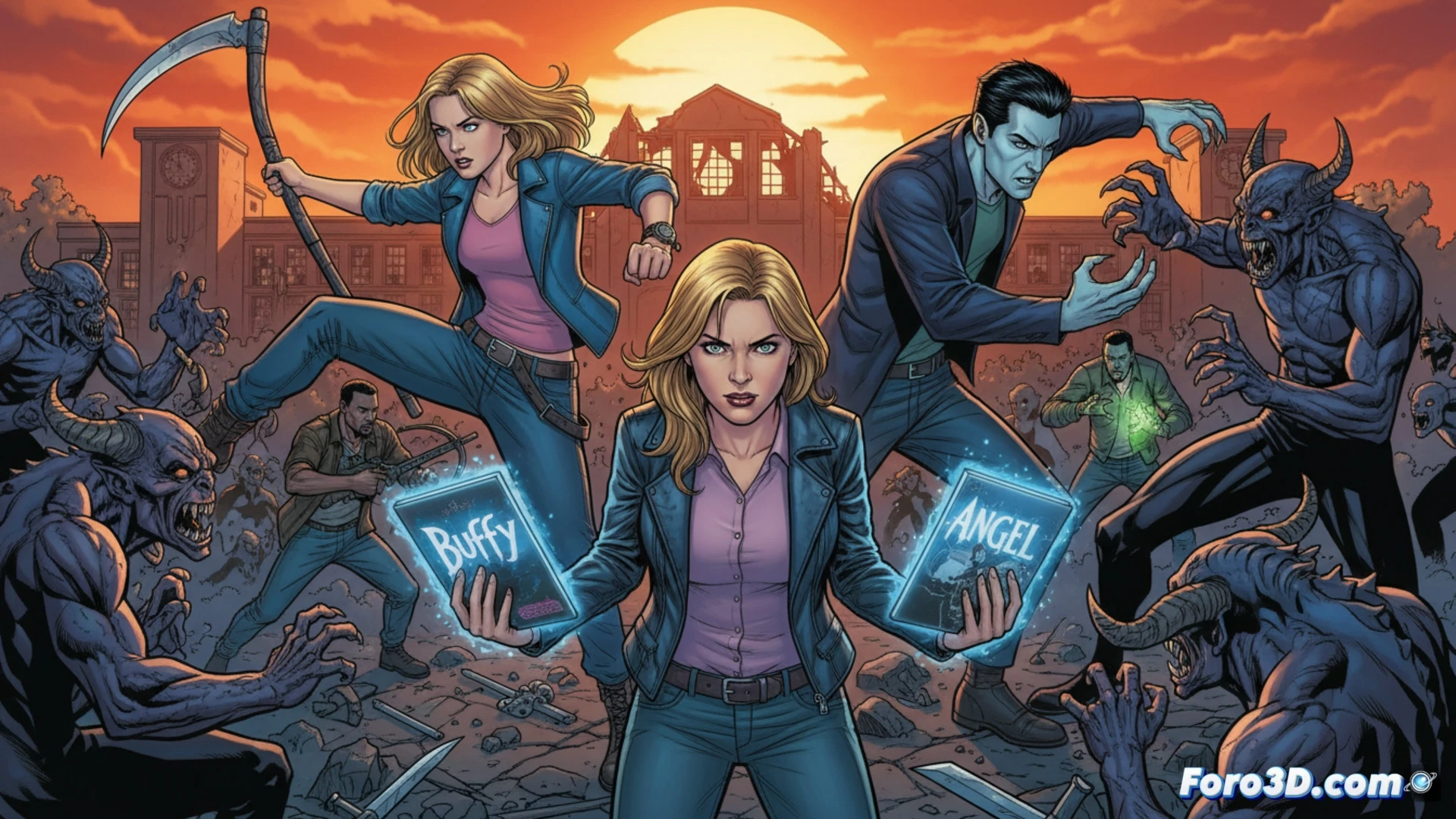 Buffy con una estaca de madera en alto, saltando hacia un vampiro en una calle oscura de Sunnydale, Angel detrás de ella con una espada medieval, ambos en acción sincronizada durante un combate nocturno, polvo de vampiro elevándose, farolas rotas emitiendo destellos eléctricos, estilo cinematográfico oscuro, iluminación dramática con neblina baja, texturas de cuero y metal detalladas, composición dinámica de lucha, fondo urbano deteriorado con graffitis, photorealistic technical render