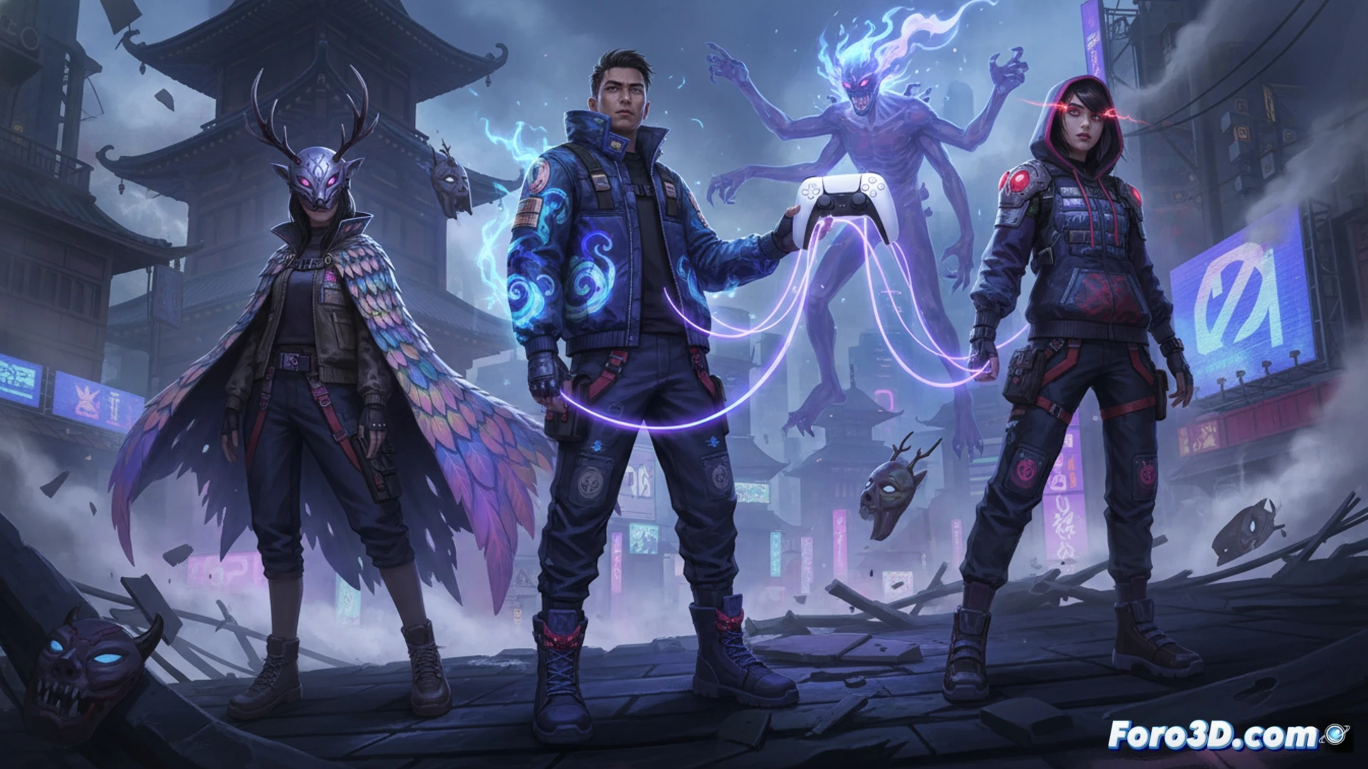 Urban yokai hunt in neon-lit street at midnight, three players in branded streetwear chasing a floating kappa through steam vents, one character mid-air absorbing a glowing yokai power, the energy transforming into a digital jacket with holographic seams, another player wearing a cap with fox spirit ears, PS5 controller visible in foreground with glowing button prompts, cinematic action scene, dynamic motion blur, volumetric fog from manhole covers, reflective puddles with neon signs, photorealistic game render with cel-shaded accents, dramatic spotlight from hovering lantern yokai, ultra-detailed fabric textures and urban grit.