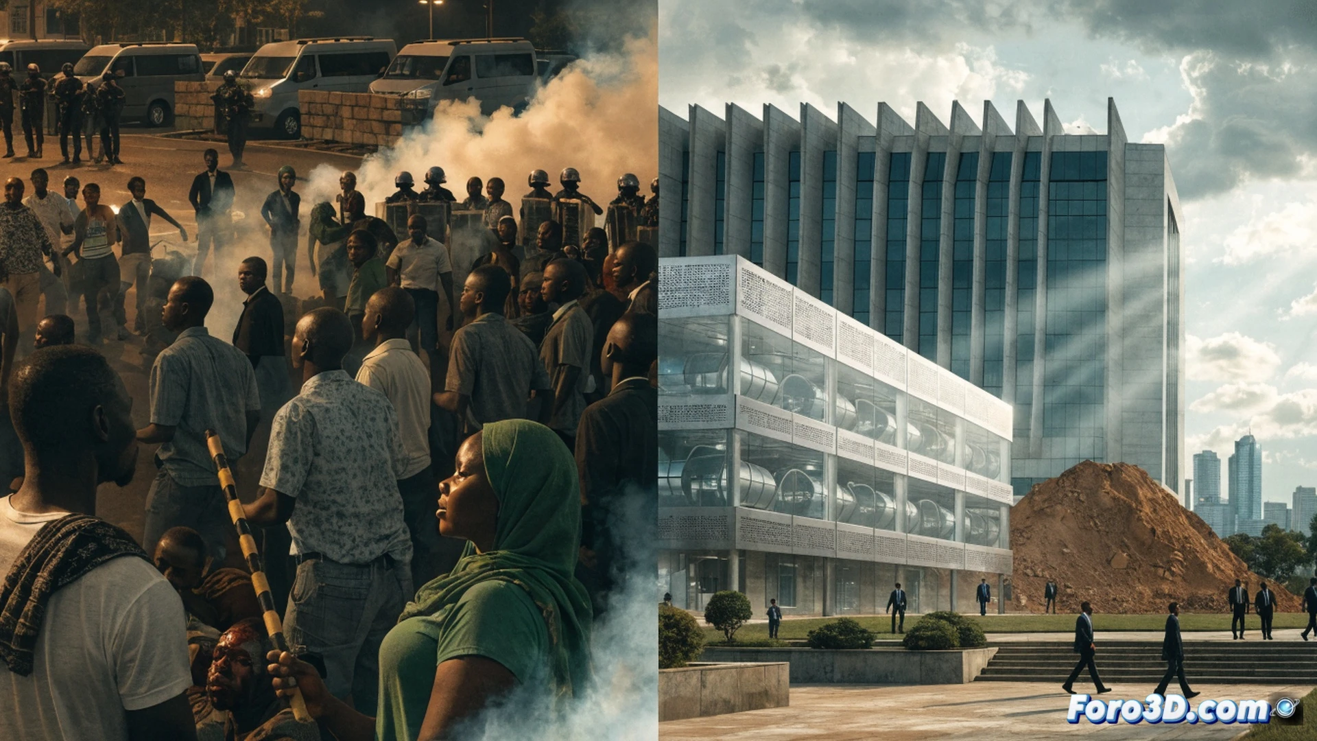 African construction site with metal scaffolding and concrete barriers, workers pausing mid-task while a bulldozer is idle near a partially built quarantine facility, three protestors lying motionless on the ground near a torn-down fence, armed security personnel standing in a tense standoff with a crowd, medical supply crates stamped with USAID logos stacked beside a military airstrip, dust rising under harsh midday sun, cinematic photorealistic style, wide-angle shot capturing both the halted infrastructure and the human conflict, dramatic shadows and smoke haze, high-detail textures on steel beams and uniforms, motion blur on waving protest signs, somber orange-blue color grading
