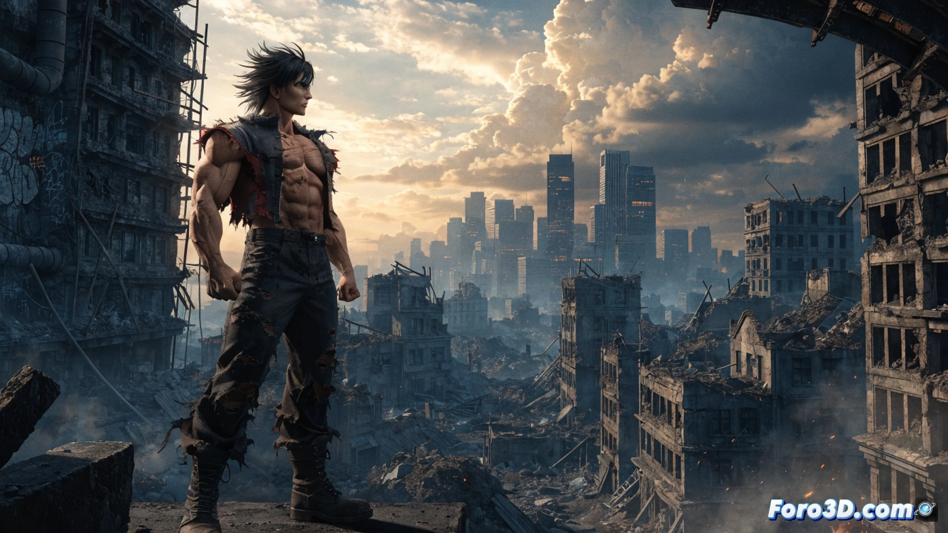 Kenshiro striking a powerful Hokuto Shinken pose during a fight in a neon-lit South Town street, shattered pavement debris flying around him, his ripped coat flapping, glowing pressure point energy on his fingers, dramatic impact sparks from a broken arcade cabinet behind him, cinematic fighting game action scene, dynamic motion blur, intense shadows from overhead streetlights, photorealistic character render with cel-shaded outlines, ultra-detailed fabric textures, explosive particle effects, dramatic low-angle perspective