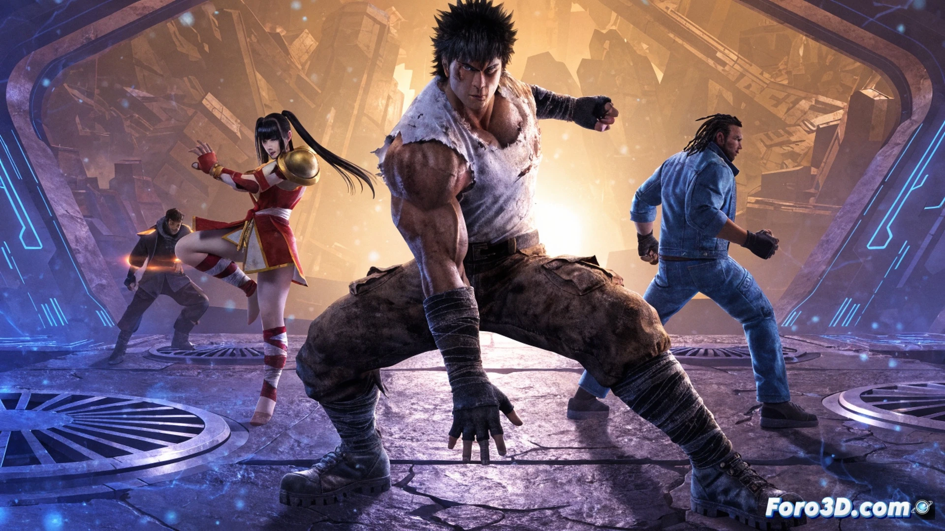 Kenshiro performing a pressure-point strike on a robotic training dummy inside a neon-lit fighting game arcade cabinet, sparks erupting from the impact zone while circuit boards and cooling fans are visible through a glass panel, controller joystick and buttons in foreground with motion blur, dynamic pose showing clenched fist and ripped jacket, glowing pressure-point effects on the dummy’s chest, dark metallic cabinet frame, blue and red LED reflections on polished floor, cinematic fighting-game visualization, ultra-detailed character textures, dramatic side lighting, photorealistic technical illustration