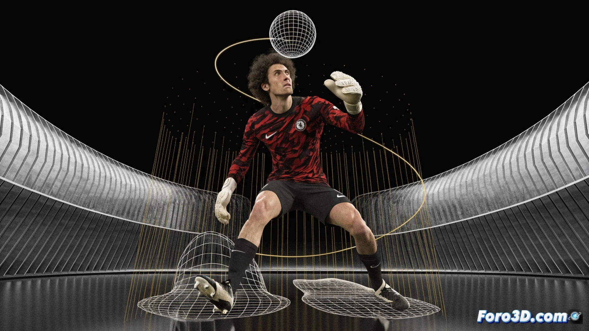 Chelsea goalkeeper Kepa Arrizabalaga mid-action during a sweeping clearance, right foot striking the ball while sprinting out of the penalty box, 3D volumetric motion capture skeleton overlaid on his body showing hip rotation and ankle angle, ball trajectory with glowing arc and spin axis lines, technical football analysis visualization, green pitch with blurred stadium background, dynamic pose with floating dust particles, cold blue and white lighting, photorealistic sports science render, detailed muscle definition under kit, cinematic low-angle shot
