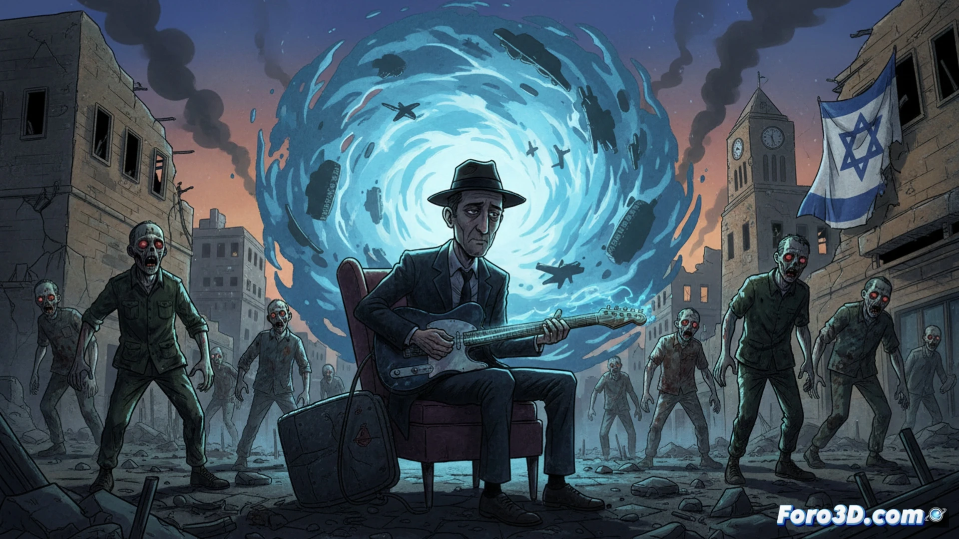 Un escritor con sombrero toca blues en un café israelí, mientras zombis y explosiones distorsionan la rutina callejera.