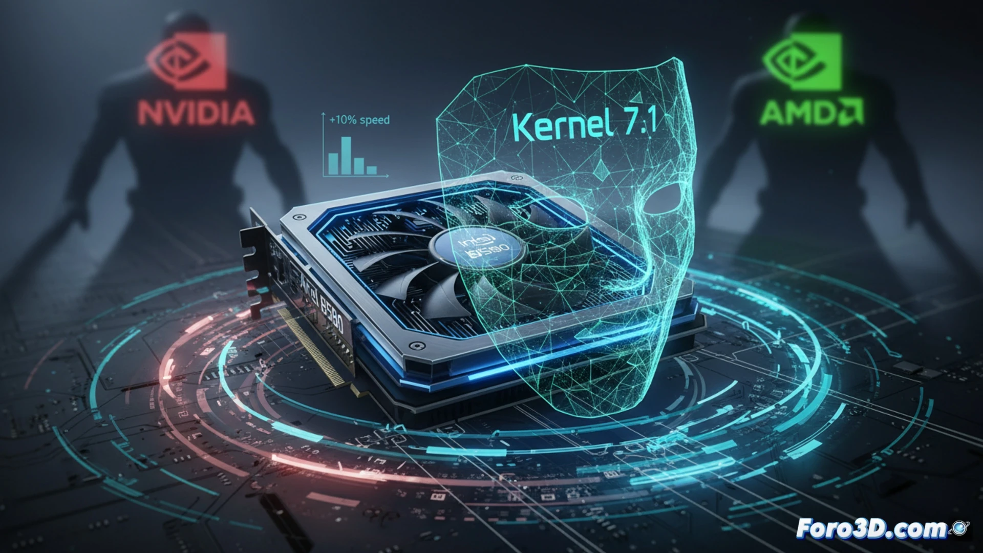 cinematic technical visualization of Intel Arc B580 graphics card being digitally dissected by a glowing kernel update tool, performance bars showing minimal 10 percent uplift on a cracked foundation, NVIDIA and AMD GPUs towering in background with superior benchmark numbers, circuit traces fracturing under pressure, dramatic dark blue industrial lighting, photorealistic engineering render, GPU die exposed with microscopic detail, heat pipes glowing orange under load, fractured silicon texture, ultra-detailed PCB components