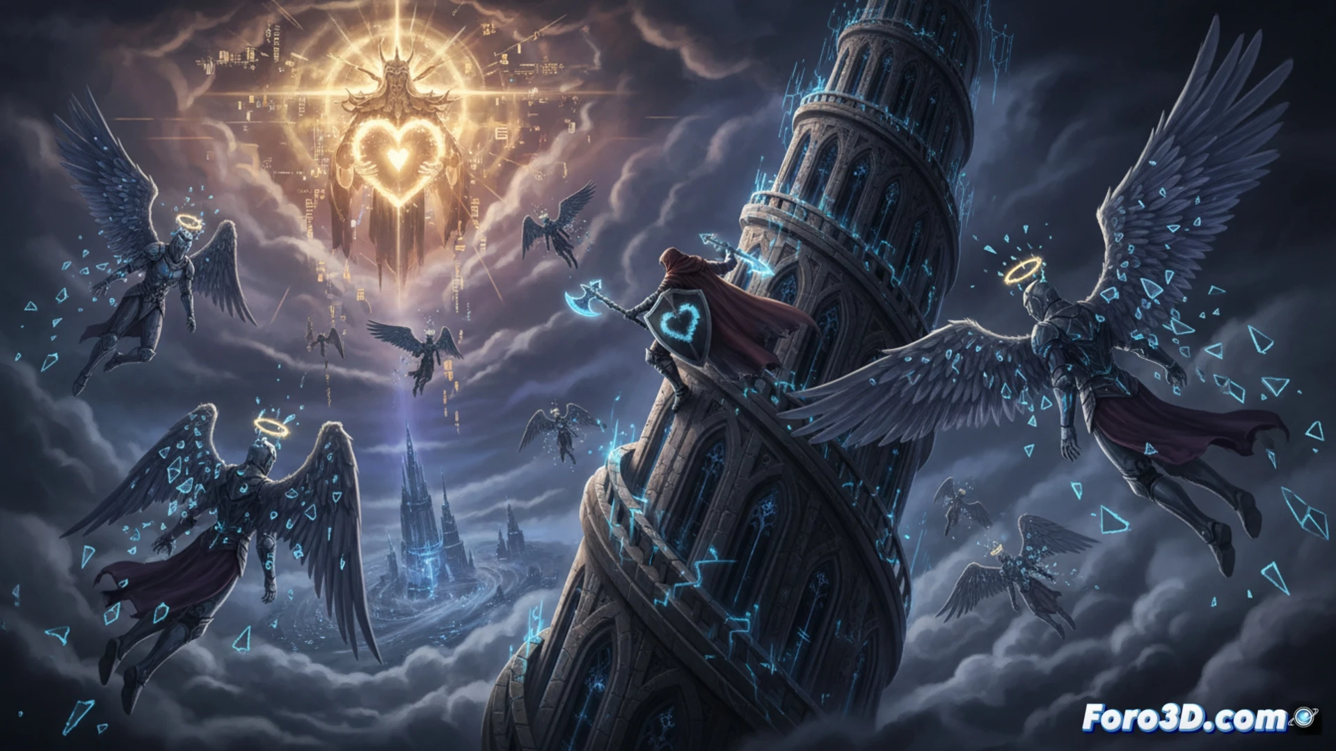 fantasy tower ascending scene, four warriors climbing a spiral stone staircase inside a glowing cylindrical structure, angelic enemies with white feathered wings descending from above, one warrior swinging a glowing sword while another channels blue magic, broken stained glass windows revealing a golden deity figure at the top, technical illustration style, detailed armor textures, translucent wing membranes, dynamic combat poses, dramatic side lighting from magical sources, particle effects of falling feathers and shattered stone, ultra-detailed gothic architecture, photorealistic fantasy render, cinematic action composition