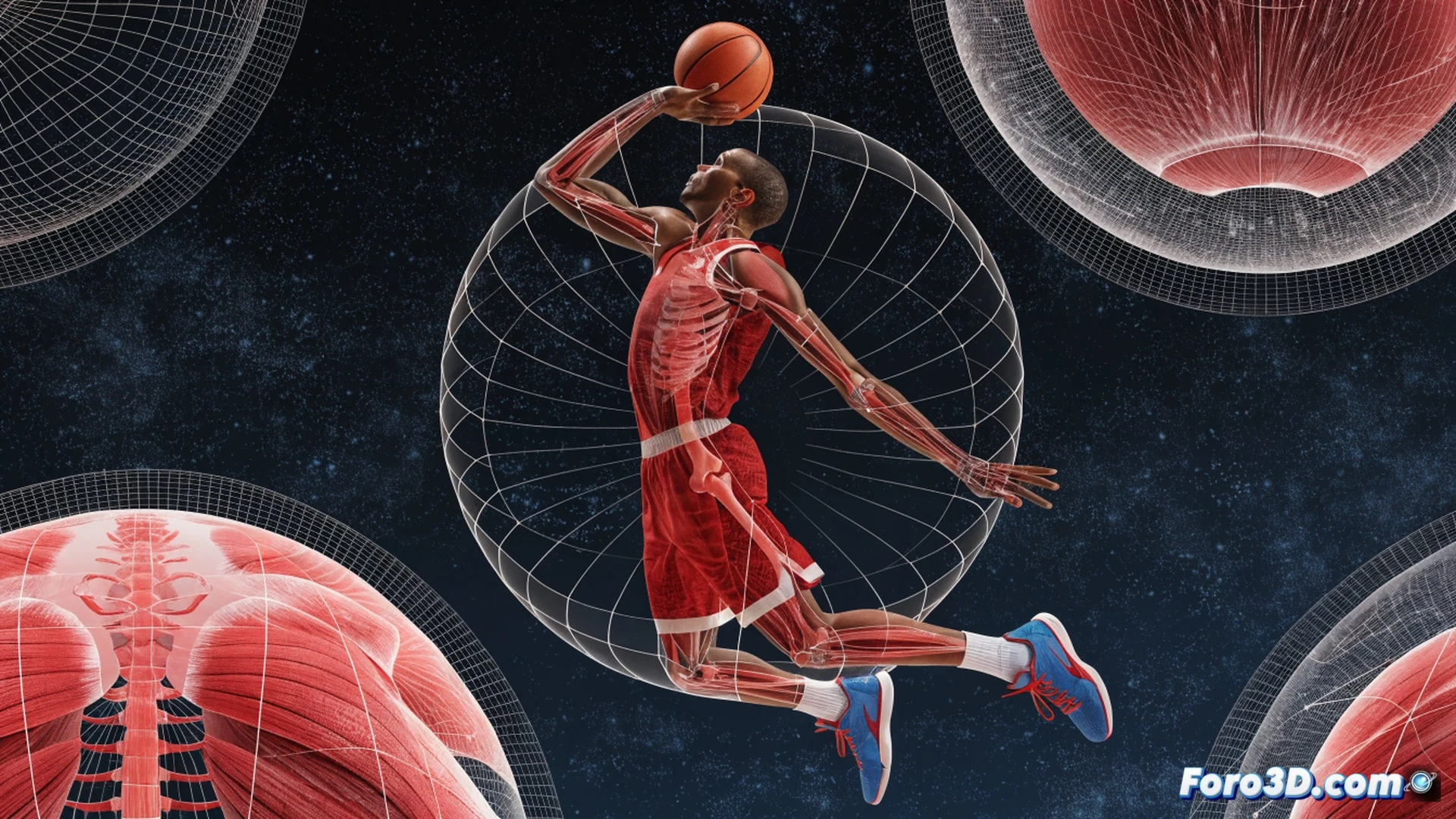 Basketball player mid-jump shot, translucent 3D biomechanical skeleton visible inside body, glowing red muscle fibers activating in legs and shooting arm, blue trajectory lines tracing ball arc from release point, green foot pressure zones on court showing weight transfer, wireframe net and rim geometry, dark gym background with subtle grid floor, cinematic engineering visualization, photorealistic anatomy render, dramatic rim lighting, metallic skeletal highlights, motion blur on ball, ultra-detailed muscle and joint structures