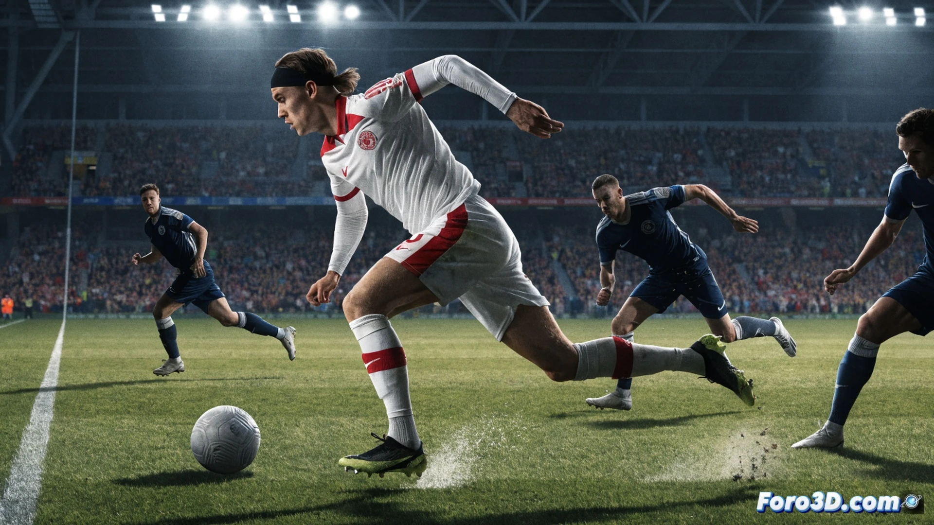 left winger sprinting diagonally across a green pitch, explosive acceleration phase with leg muscles tensed, defender caught flat-footed two meters behind, ball controlled tightly at full speed, tactical lines overlaying the pitch showing breaking defensive lines, motion blur on trailing defender, bright stadium floodlights casting sharp shadows, photorealistic sports visualization, high-speed action freeze-frame, dynamic angle from low sideline perspective, technical illustration style with subtle biomechanical analysis lines highlighting stride length and torso lean