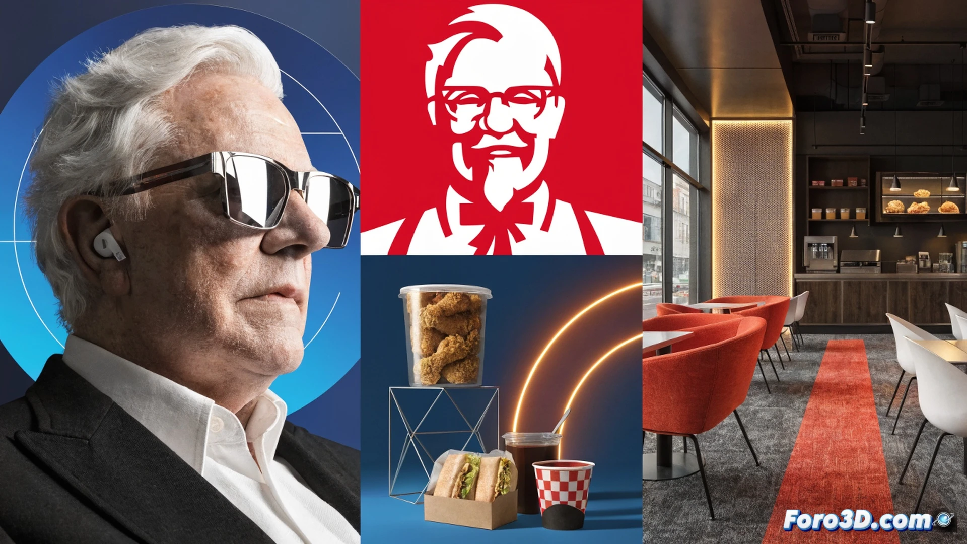 modern colonel sanders portrait redesign process, vector logo simplification on digital tablet screen, stylized fried chicken bucket packaging mockups with geometric patterns, three new menu items arranged for solo and sharing consumption, innovative restaurant interior with curved neon lighting and communal tables, action of a hand placing a redesigned takeout box on a minimalist counter, cinematic branding visualization, warm orange and white color palette, photorealistic product design render, clean commercial lighting, ultra-detailed packaging textures