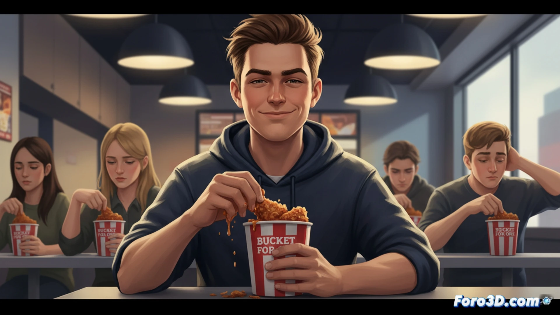 Photorealistic cinematic scene of a young person in a modern Swedish kitchen holding a single KFC bucket protectively, two other people reaching toward the bucket with greasy fingers touching the chicken pieces, the owner pulling the bucket away with a disgusted expression, messy table with scattered napkins and spilled soda, dramatic top-down lighting creating shadows, ultra-detailed food textures, golden crispy chicken skin, oil droplets on fingers, social discomfort visible through body language, warm amber tones contrasting with cold blue kitchen background, shallow depth of field focusing on the chicken bucket interaction, technical food photography style