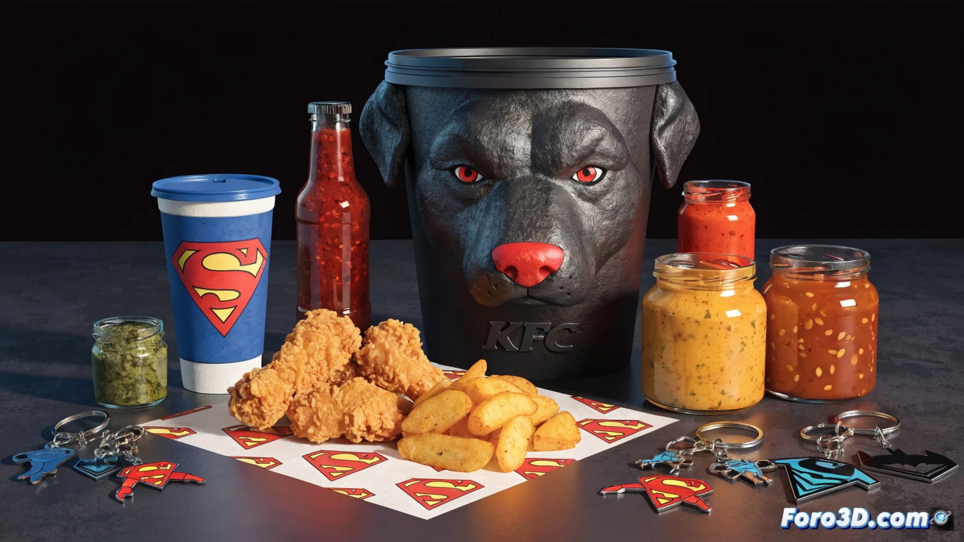 KFC counter display with a large Krypto dog-shaped bucket being held by a customer, three colorful sauce packets labeled with Supergirl symbols scattered on the tray, small keychain figurines of DC characters dangling from the bucket handle, fast-food meal box with a metallic red and blue finish, action of a hand reaching for a sauce packet while the bucket is tilted showing its interior, cinematic photorealistic style, dramatic overhead restaurant lighting, glossy plastic surfaces, reflective metallic highlights on the bucket, ultra-detailed food textures, steam rising from fries, limited-edition promotional atmosphere