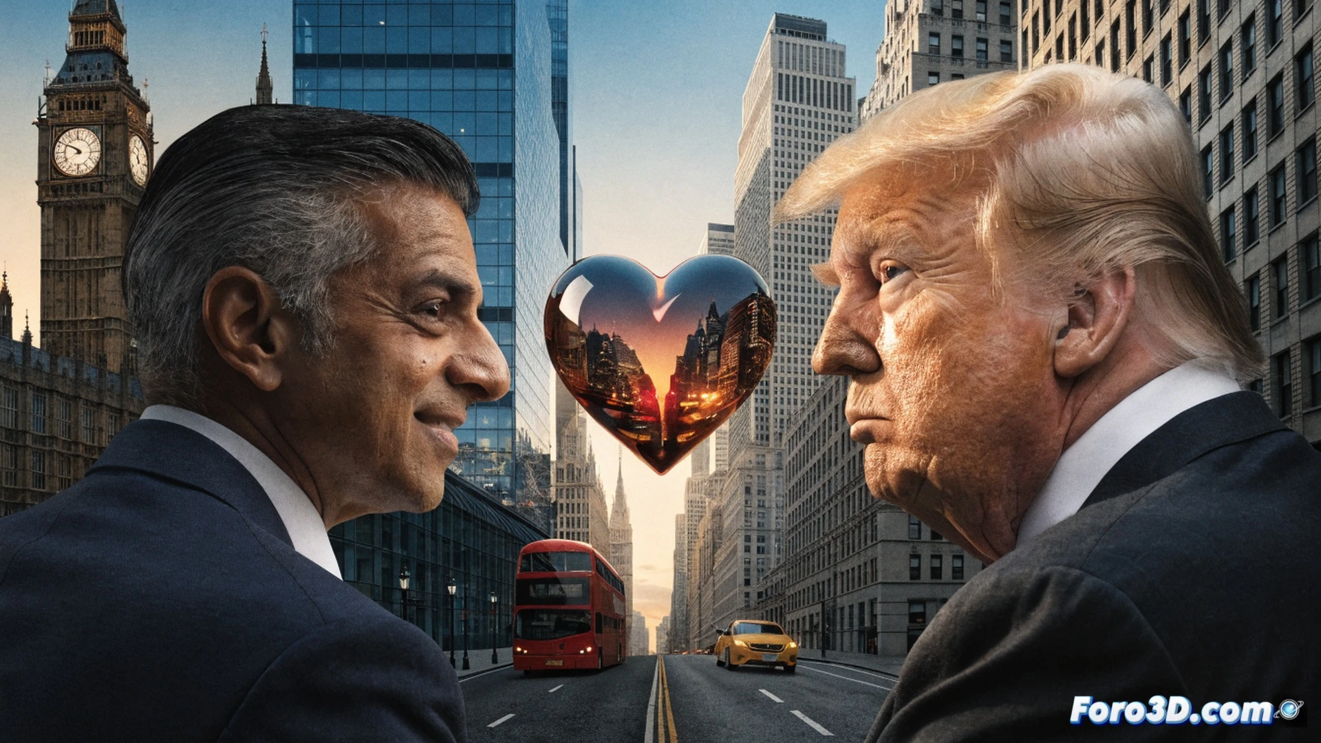 Sadiq Khan y Donald Trump en un fondo de pantalla de televisión, burbuja de diálogo vacía entre ellos, un londinense caminando indiferente con un café mientras un autobús rojo de dos pisos pasa detrás, reloj digital en una parada mostrando hora normal, farola urbana iluminando la escena, estilo cinematográfico fotorrealista, plano general de calle londinense, acción de ignorar el ruido político, luz suave de atardecer, textura de ladrillo y asfalto, sin texto visible.