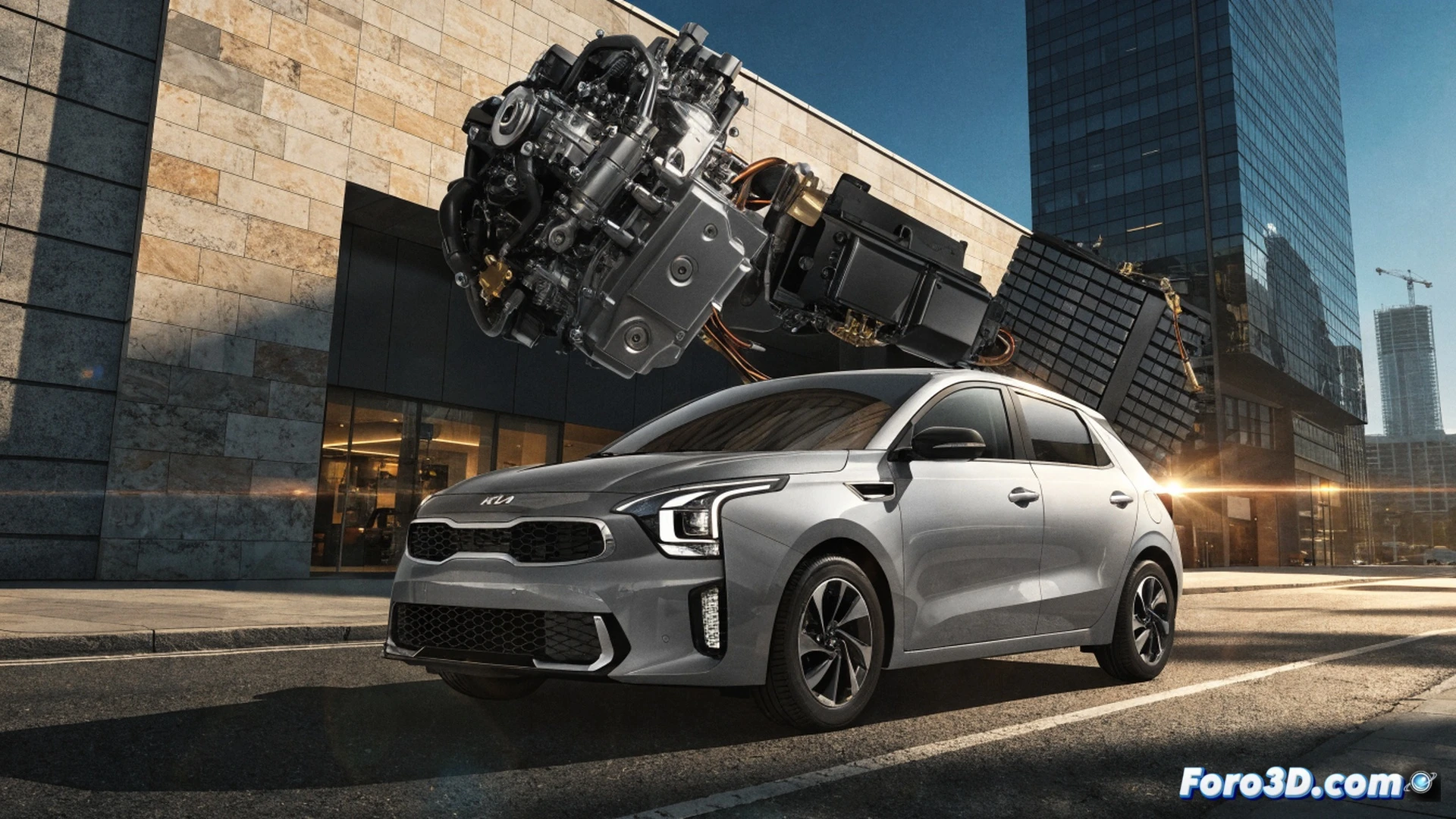 compact sedan KIA K4 in a dealership workshop, mechanic holding a green ECO label sticker next to the front grille, engine bay open showing a modern gasoline motor, diagnostic tablet on the hood displaying fuel consumption graphs and price reduction of over 4800 euros, discount tag hanging from the rearview mirror, realistic engineering visualization, bright showroom lighting, clean metallic silver body, detailed engine components, photorealistic technical render, action of applying the eco badge while the mechanic points at the motor