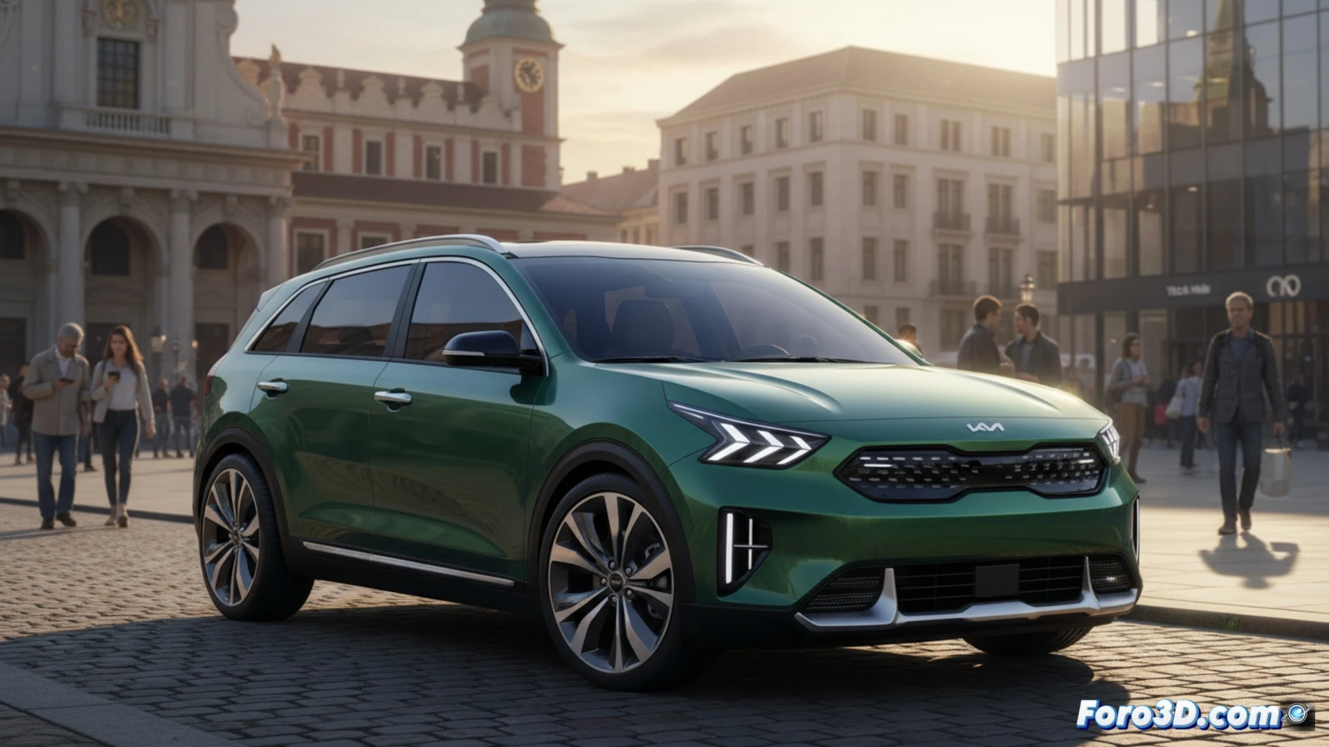 Kia Niro 2027 crossover en un concesionario europeo, un mecánico señalando el motor híbrido auto-recargable bajo el capó abierto, mientras un cartel de especificaciones técnicas muestra la eliminación de las versiones enchufable y eléctrica, al fondo un EV3 nuevo aparcado, herramientas de diagnóstico digital sobre el capó mostrando el aumento de precio, estilo cinematográfico de ilustración técnica, iluminación de showroom, detalles metálicos pulidos, render fotorrealista de ingeniería automotriz