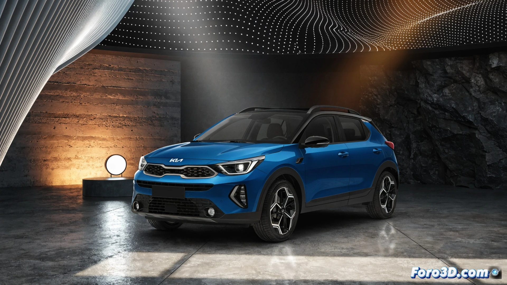 KIA Stonic SUV descending a steep urban ramp, front wheel braking while rear wheel lifts slightly, motion blur showing dynamic weight transfer, turbo engine bay visible through open hood with glowing intake manifold, dashboard displaying 5.7 L/100 km fuel consumption on digital screen, safety sensor beams projecting from front bumper, compact crossover body in metallic blue, concrete city backdrop with blurred traffic lights, cinematic technical illustration, photorealistic automotive render, dramatic low-angle lighting, tire smoke and dust particles suspended in air, ultra-detailed mechanical components and suspension arms