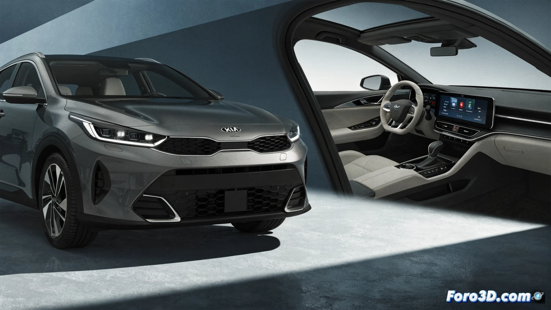 KIA XCeed 2027 crossover realizando una maniobra de adelantamiento en una carretera europea de montaña, mostrando su carrocería renovada con faros LED encendidos y parrilla rediseñada, mientras el sistema de pantalla táctil proyecta navegación en el interior, neumáticos traseros levantando polvo fino, luz natural del atardecer incidiendo sobre los paneles metálicos, estilo cinematográfico y fotorealista, texturas de pintura brillante y detalles mecánicos visibles en suspensión y frenos, fondo de paisaje verde con curvas, acción dinámica de conducción