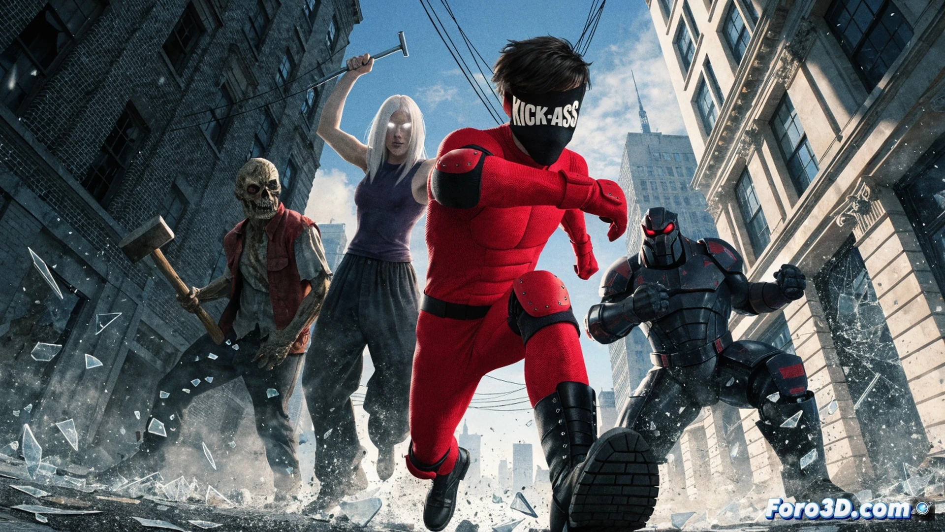 adolescent superhero in green-yellow wetsuit and mask leaping across a rain-slicked rooftop at night, holding a broken baseball bat, neon city lights reflecting off wet surfaces, graphic novel style with bold ink lines and high contrast shadows, cinematic action pose, dynamic motion blur on trailing fabric and raindrops, gritty urban atmosphere, detailed texture on worn costume and scuffed boots, no text or logos, photorealistic comic book illustration