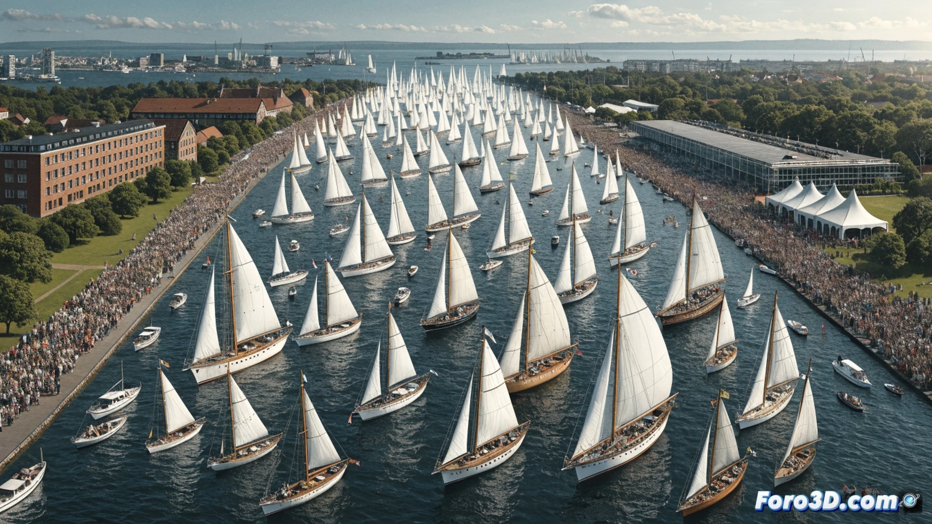 panoramic view of Kiel Fjord filled with 800 historic sailing ships during parade, wooden masts and rigging against cloudy sky, Thor Heyerdahl leading the fleet with traditional square sails, 185,000 spectators lining the shore and docks, small boats and ferries among the crowd, maritime festival atmosphere with flags and pennants, cinematic photorealistic rendering, golden hour light reflecting on water, detailed ship hulls and ropes, wide-angle perspective showing scale, dramatic clouds and sea spray, ultra-realistic coastal scene
